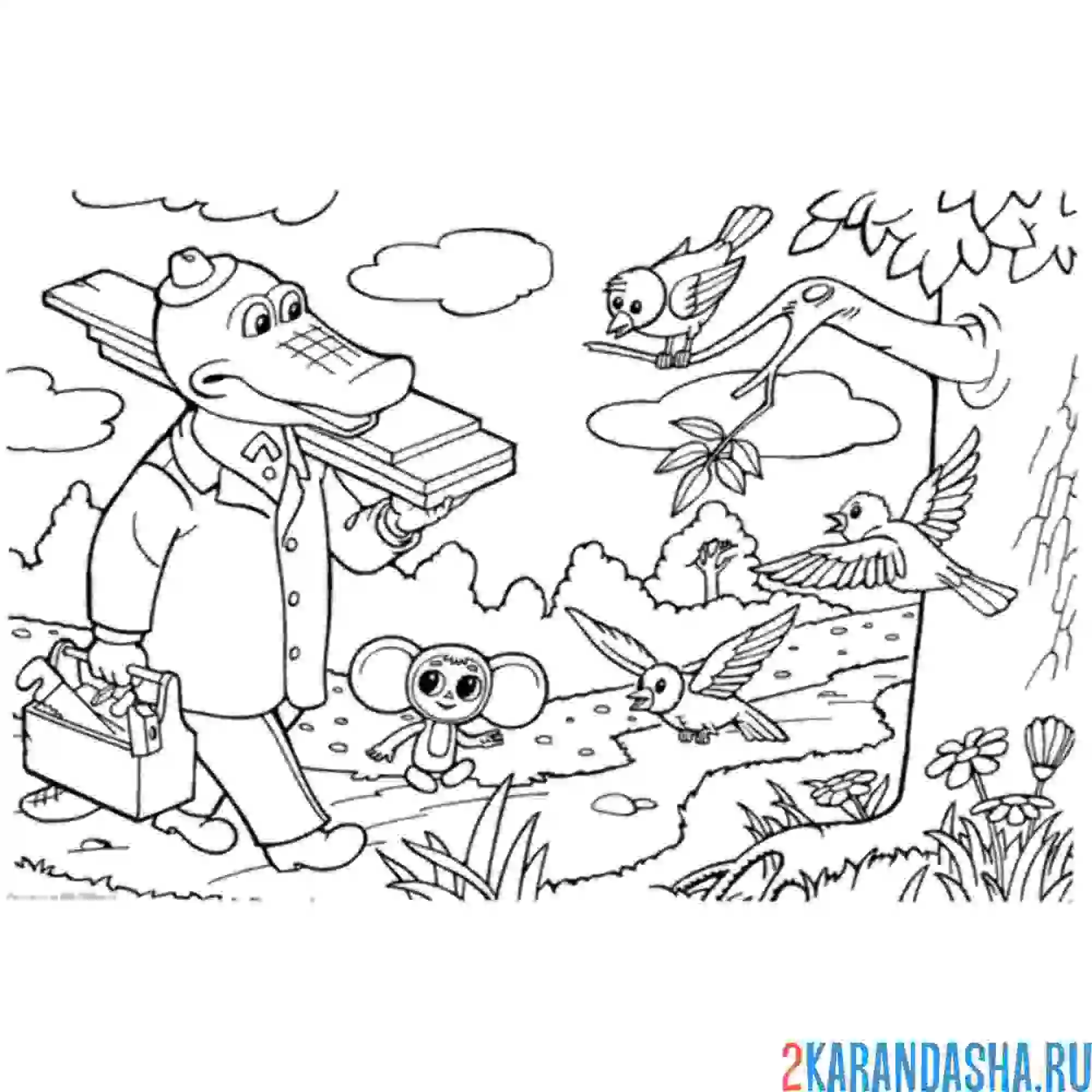 Раскраска чебурашка и гена в лесу