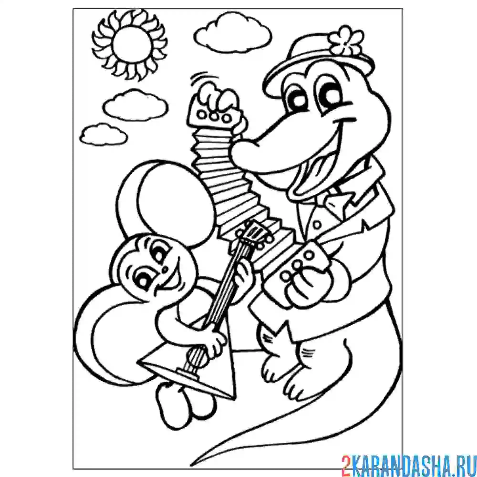 Раскраска чебурашка и гена с инструментами