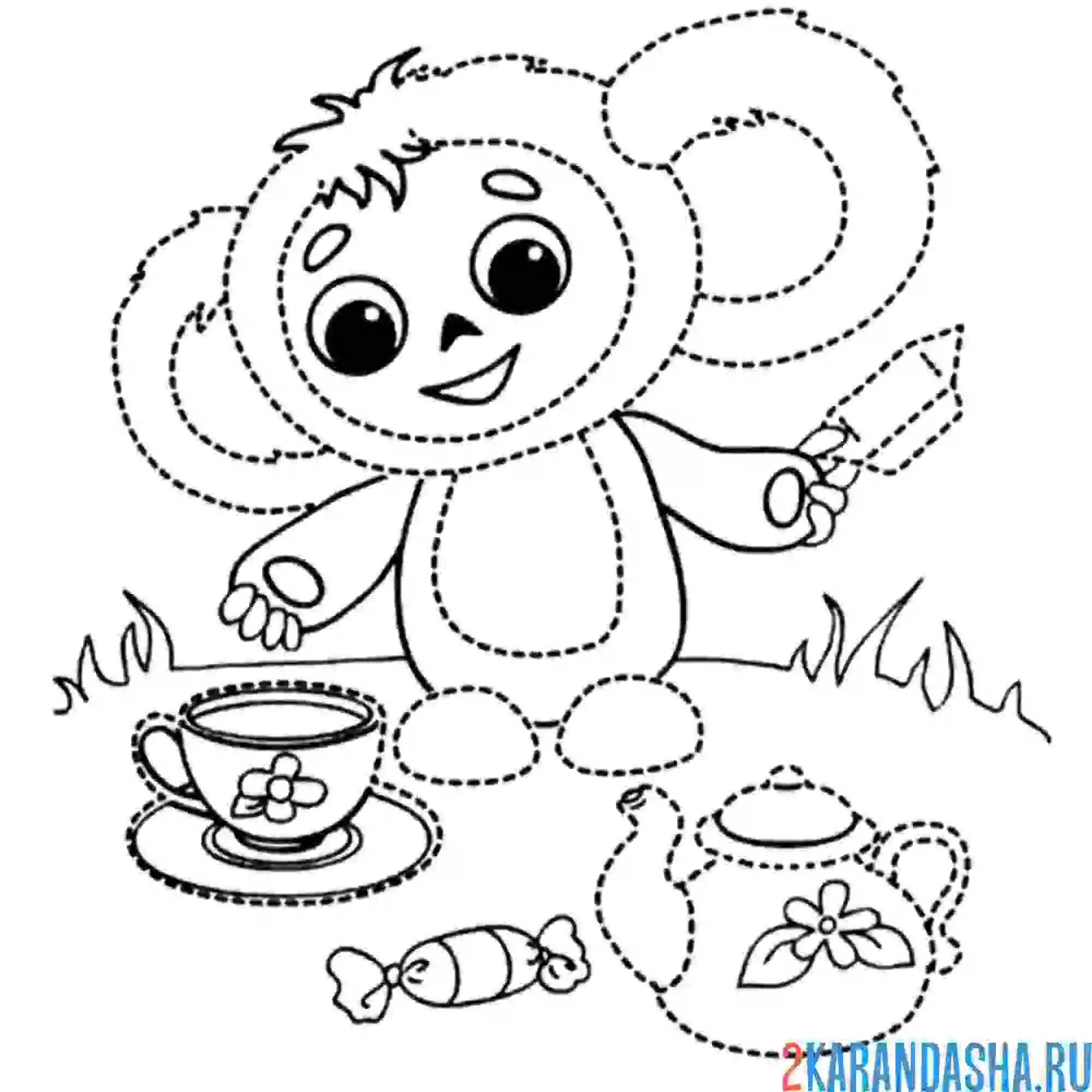 Раскраска чебурашка пьет чай