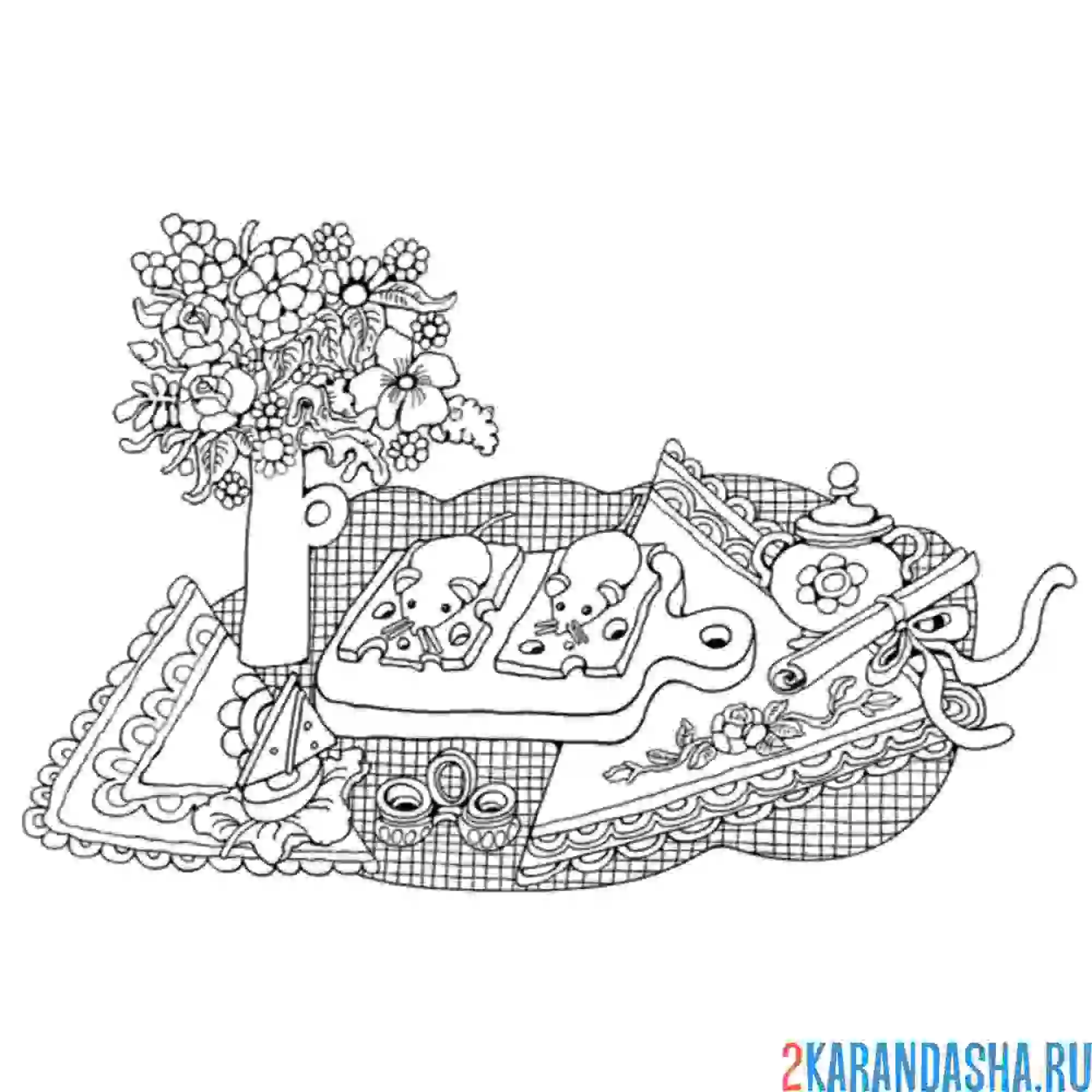 Раскраска стол с закусками и цветами