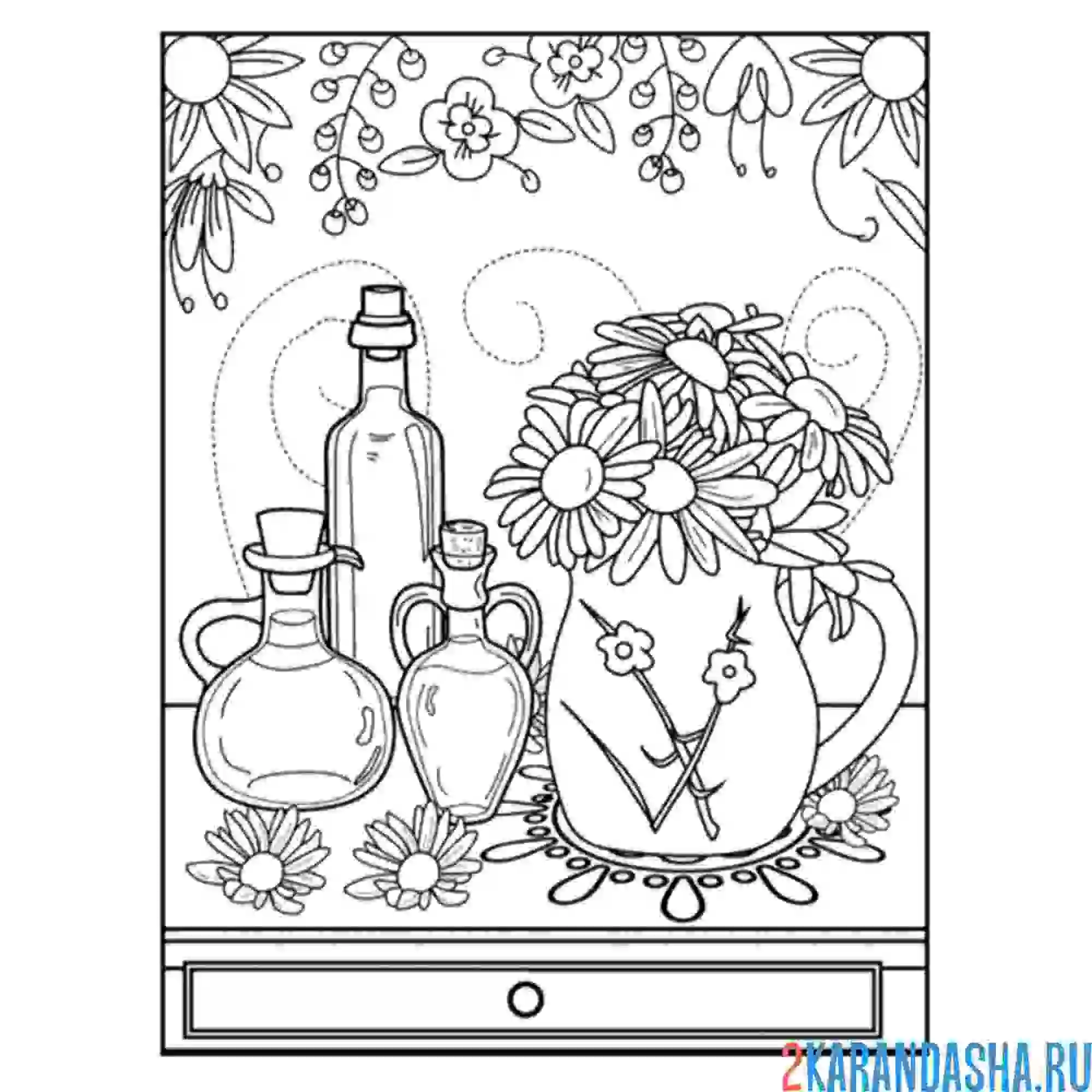 Раскраска натюрморт цветы и масло