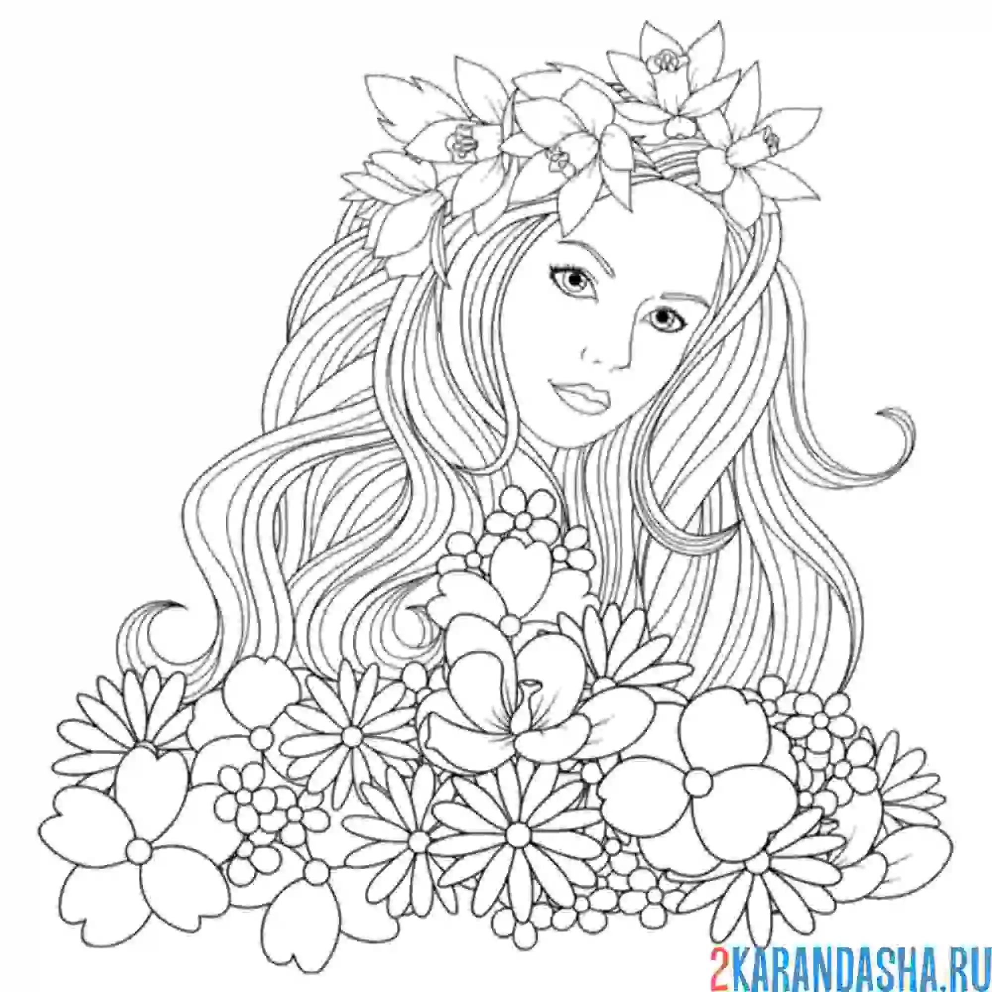 Раскраска красивая девушка с длинными волосами и цветами