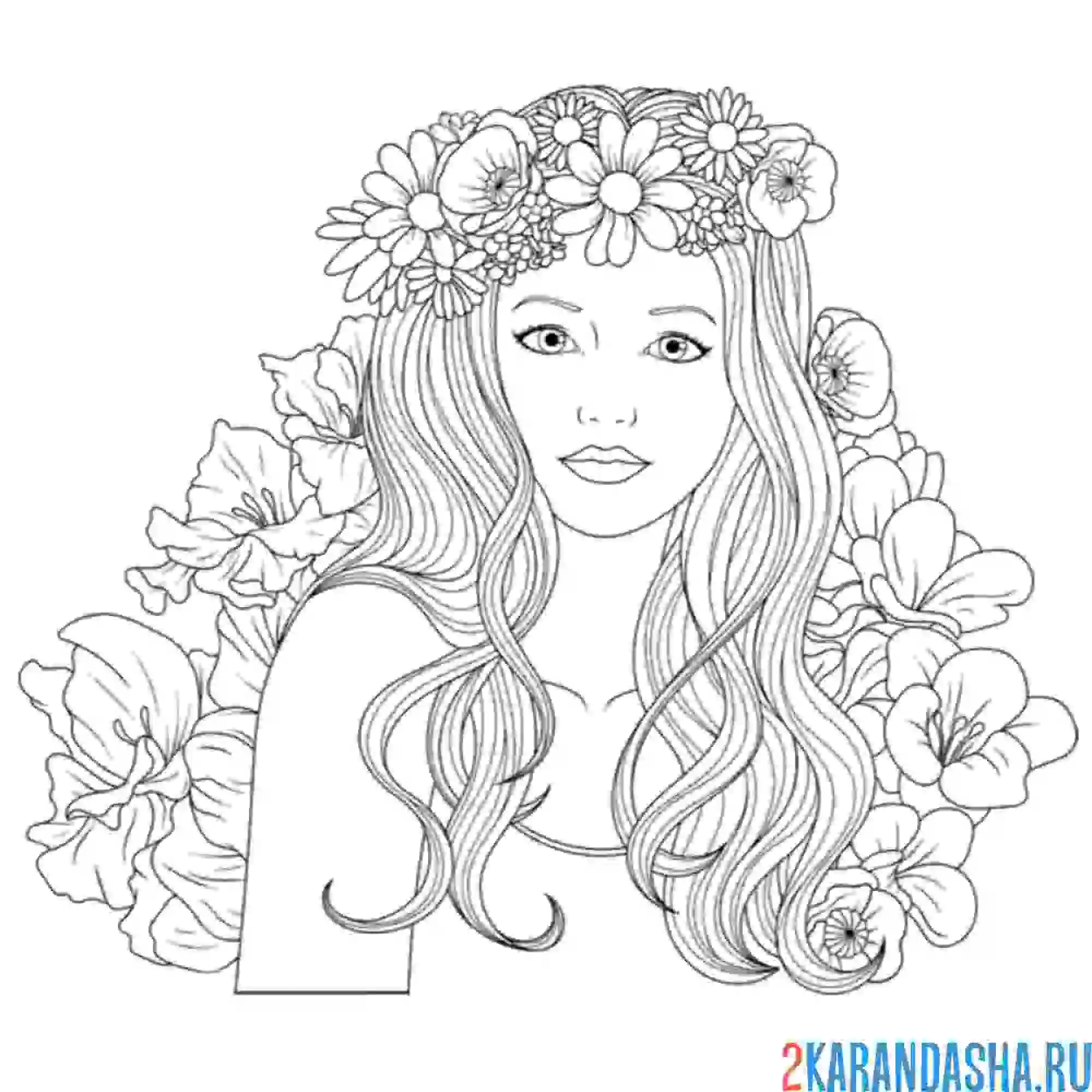 Раскраска цветы на голове девушки