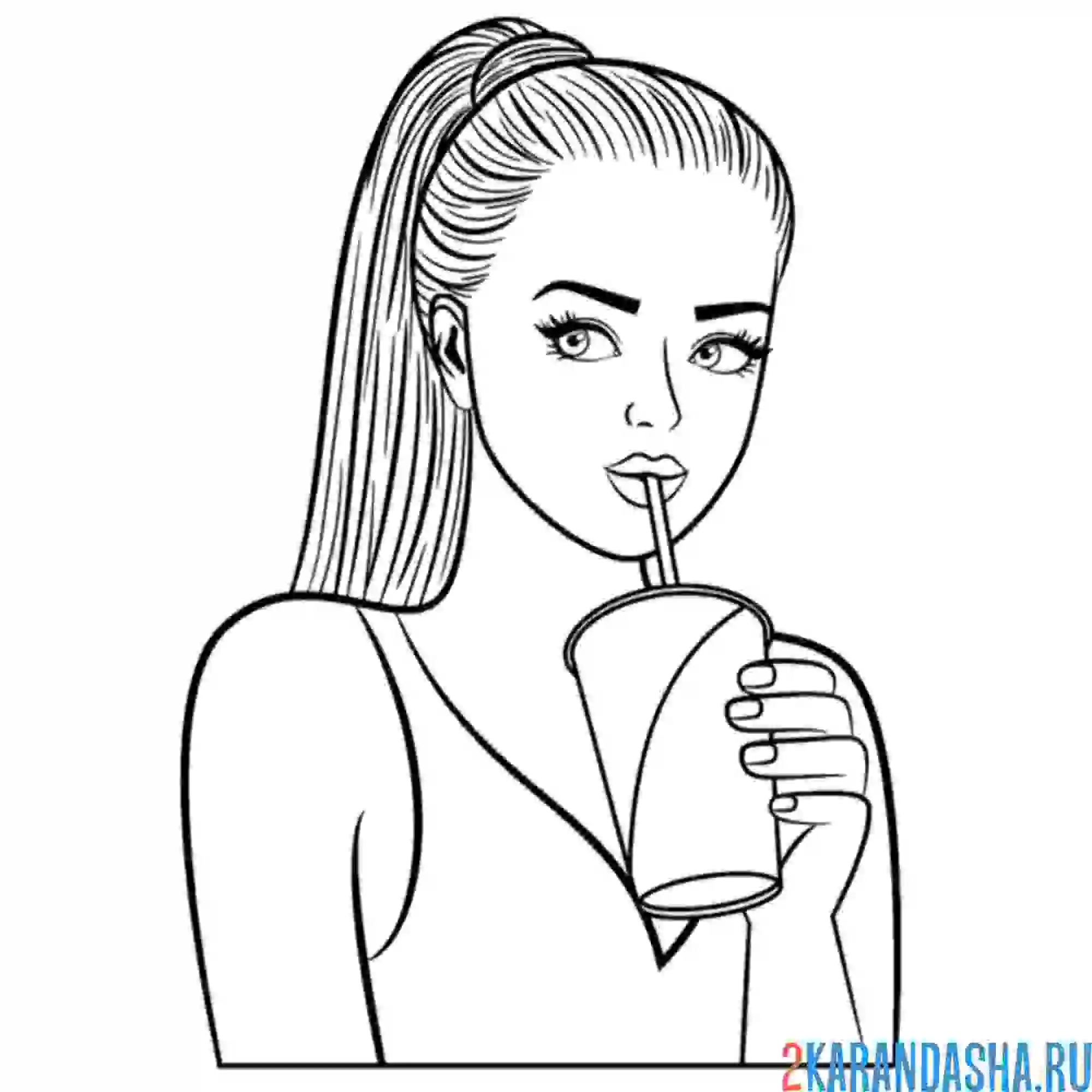 Раскраска девушка с хвостиком пьет сок