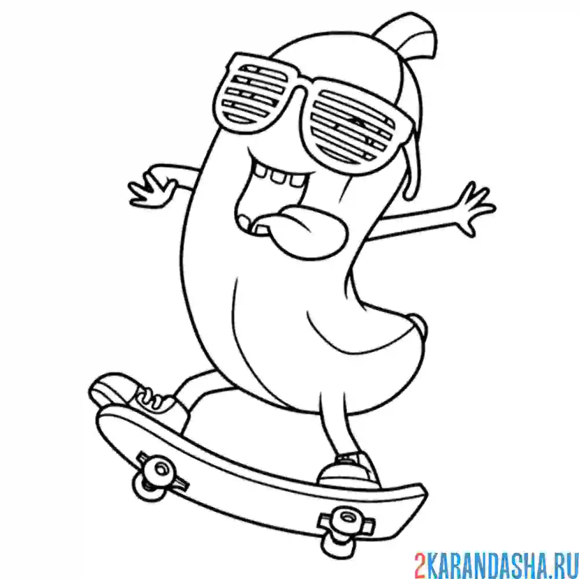 Раскраска банан на скейтборде