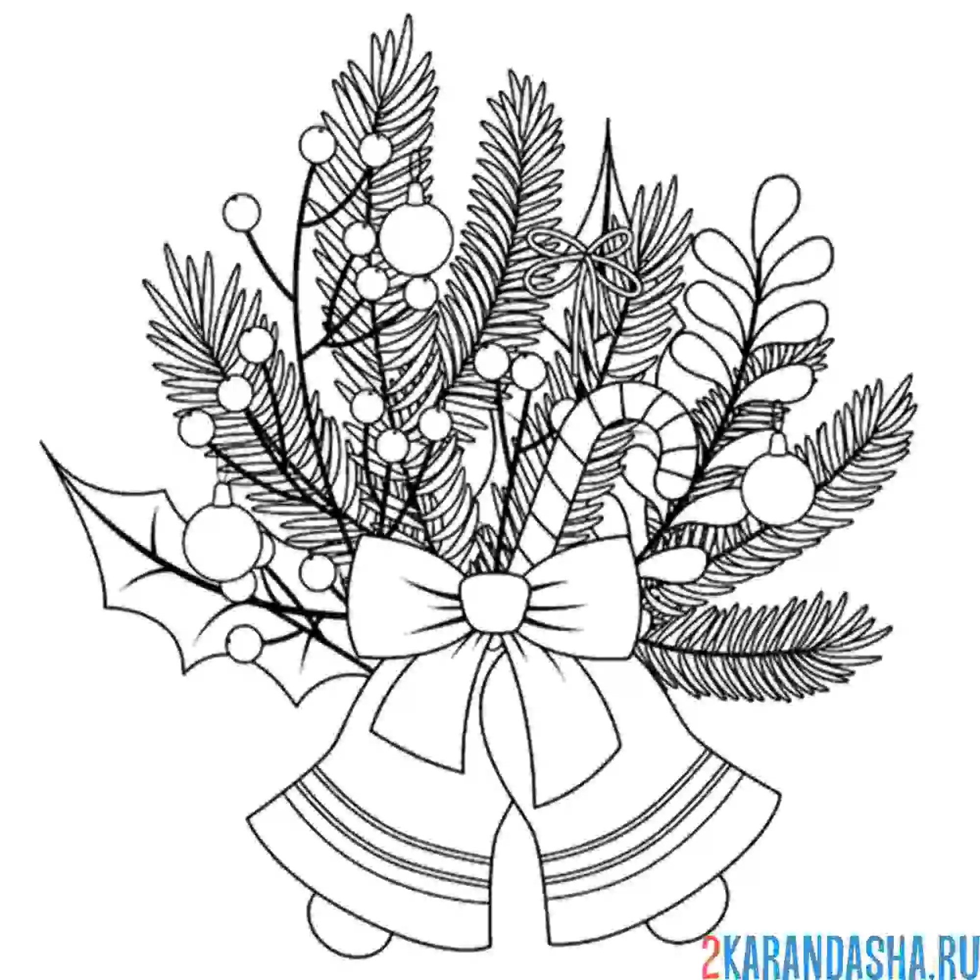 Раскраска зимний букет с бантом и колокольчиками