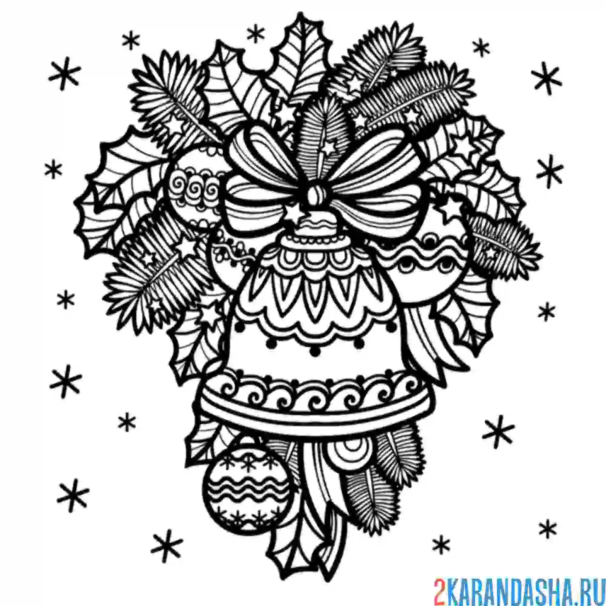 Раскраска красивые еловые ветки и колокольчик