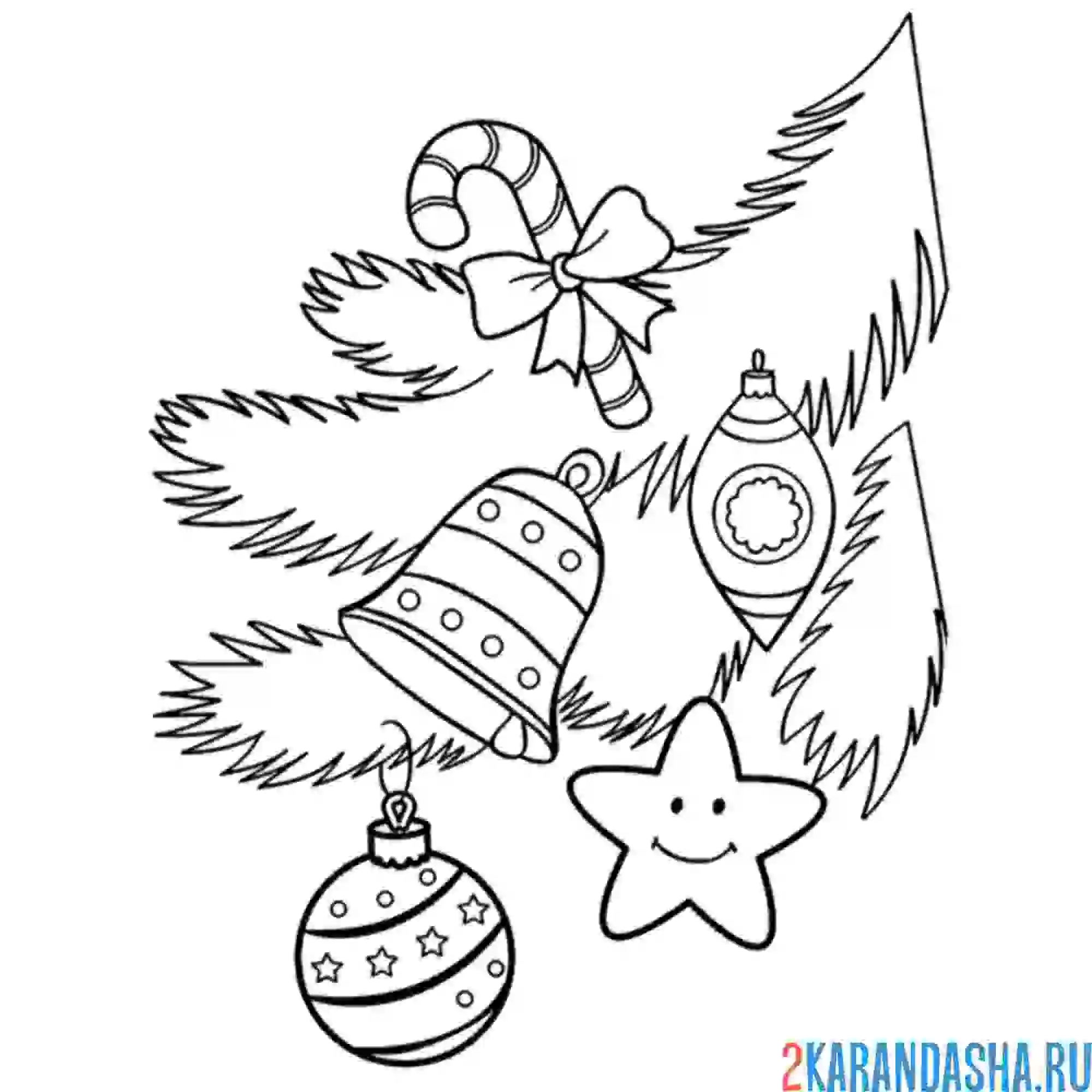 Раскраска новогодние игрушки на елке с колокольчиком