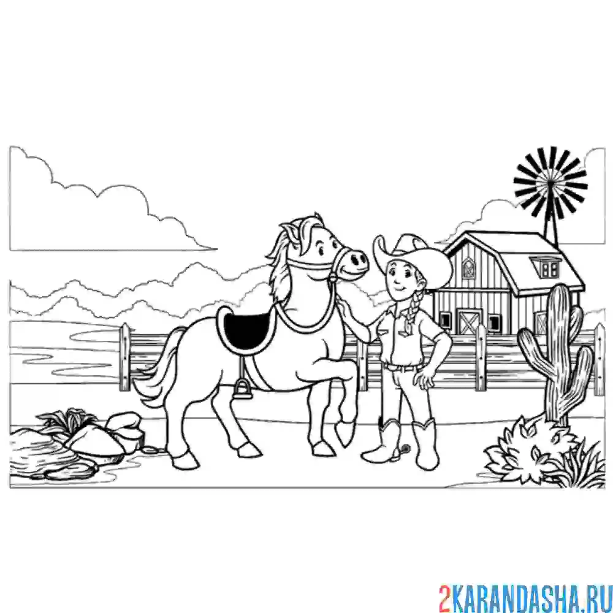 Раскраска лошадь на ферме