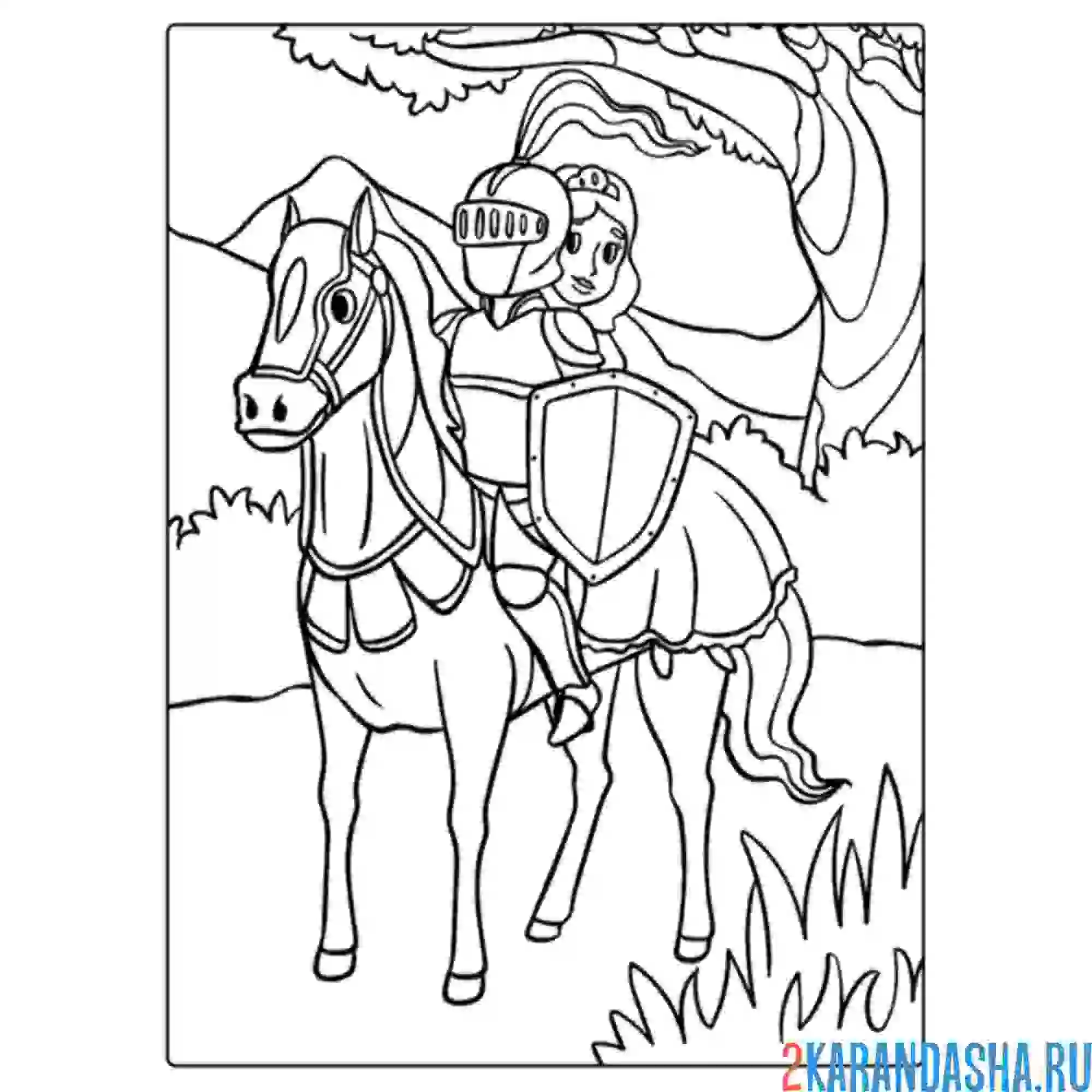 Раскраска рыцарь принцесса и лошадь