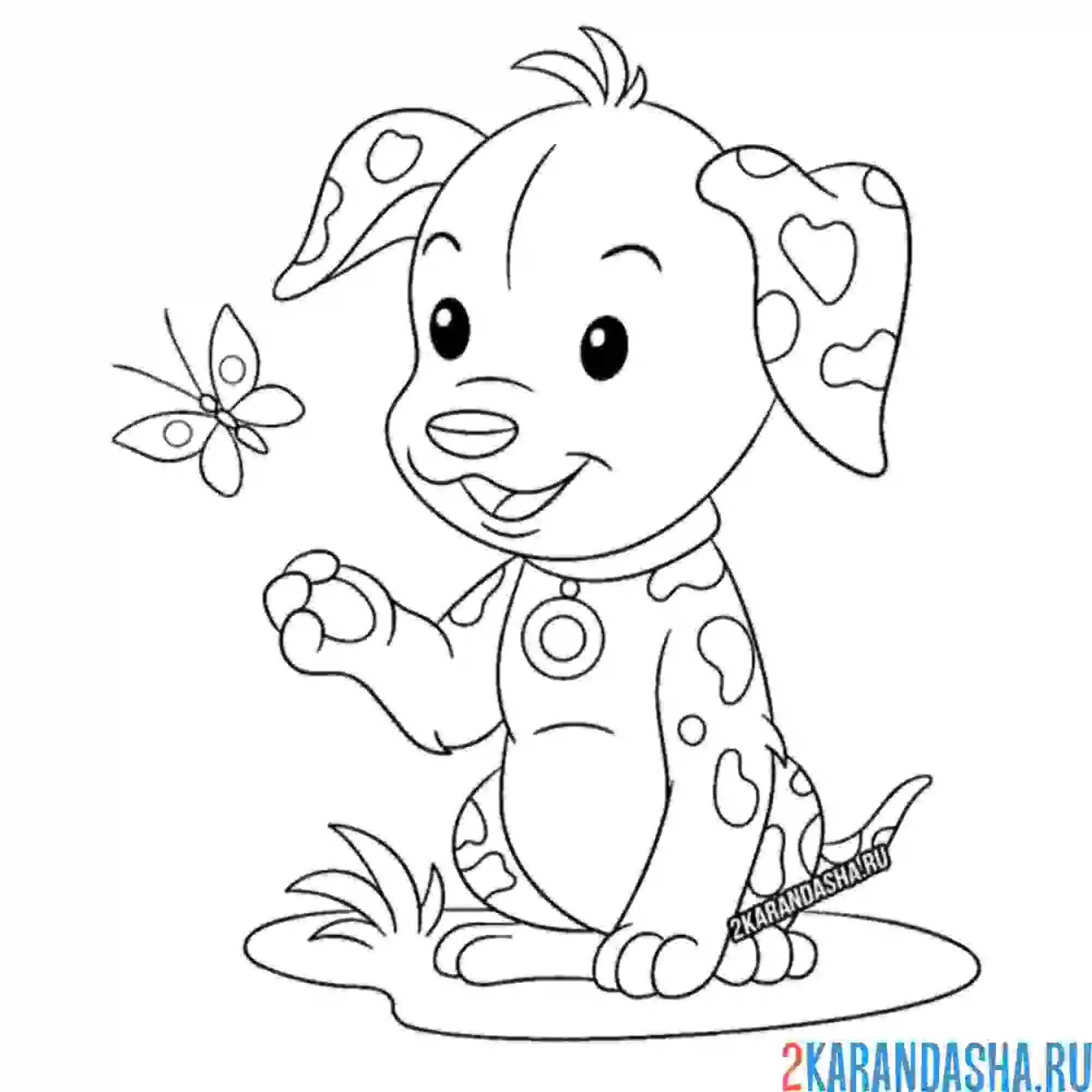 Раскраска добрый щенок собака с бабочкой