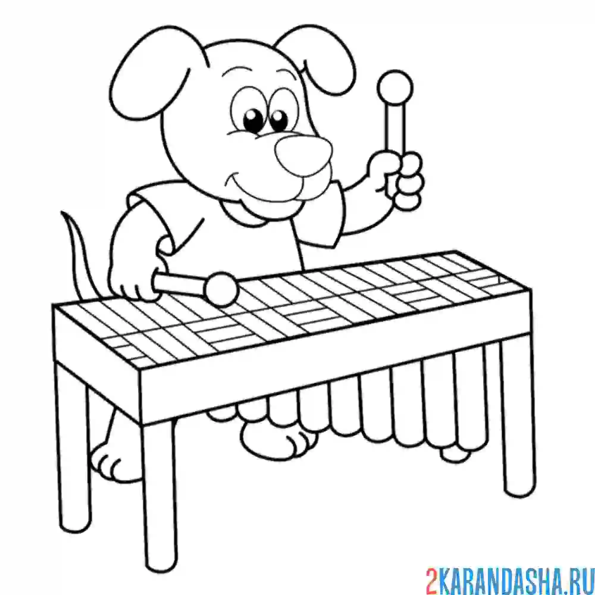 Раскраска собака и музыкальные инструменты