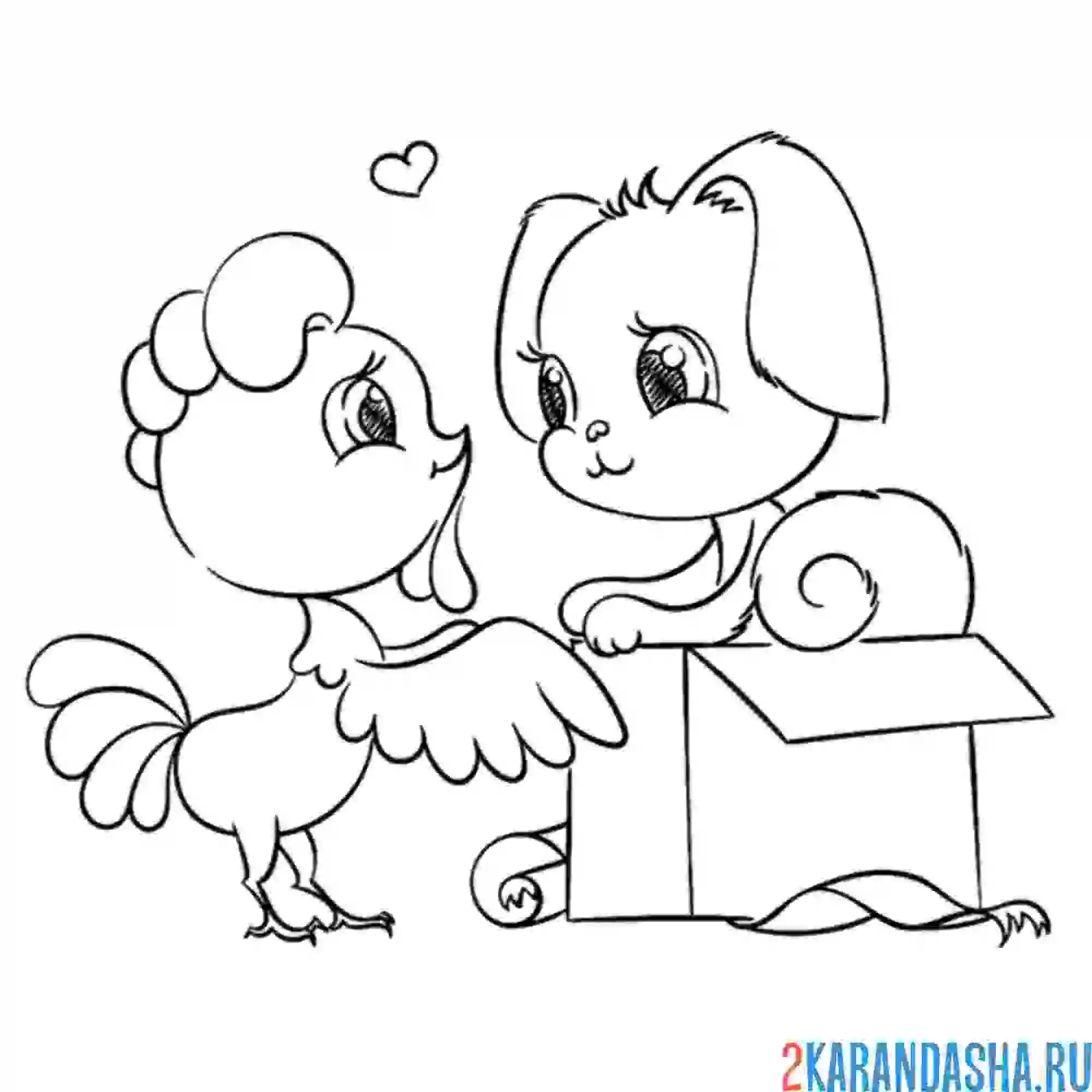 Раскраска щенок и цыпленок