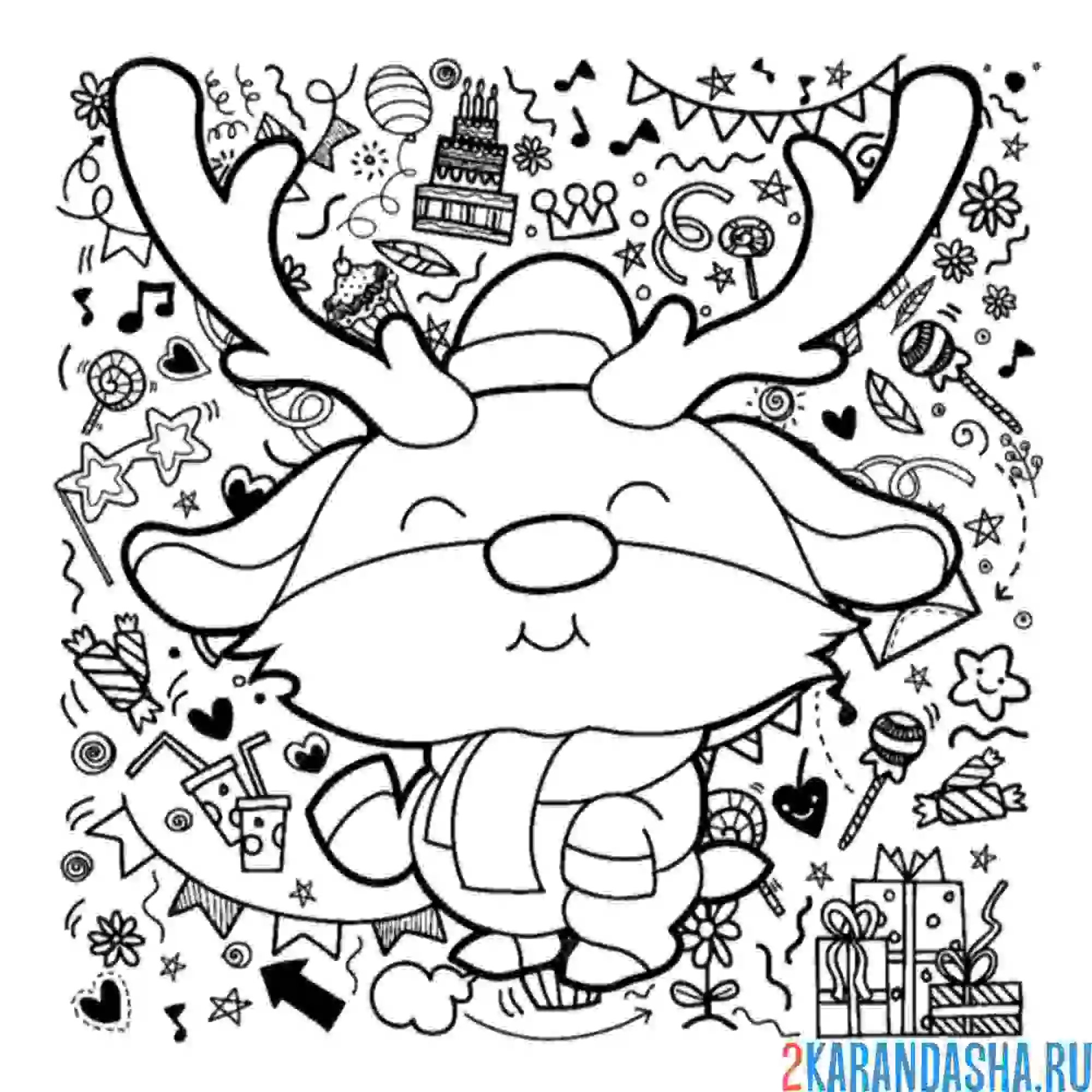 Раскраска новогодний олень мультяшный