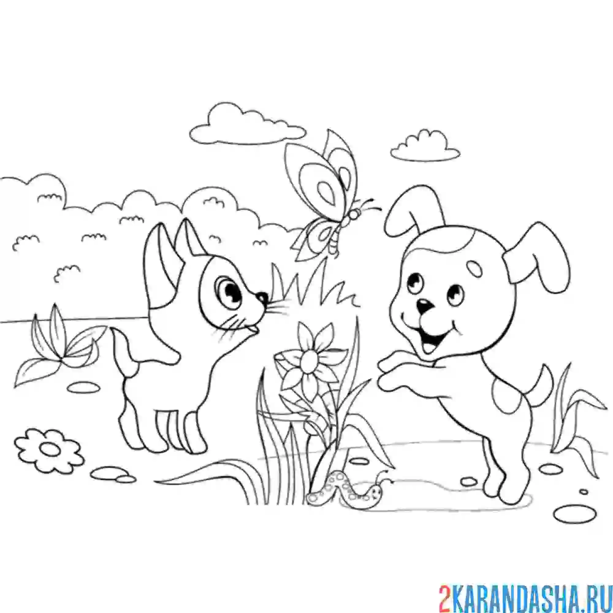 Раскраска гав и шарик охотятся на бабочку