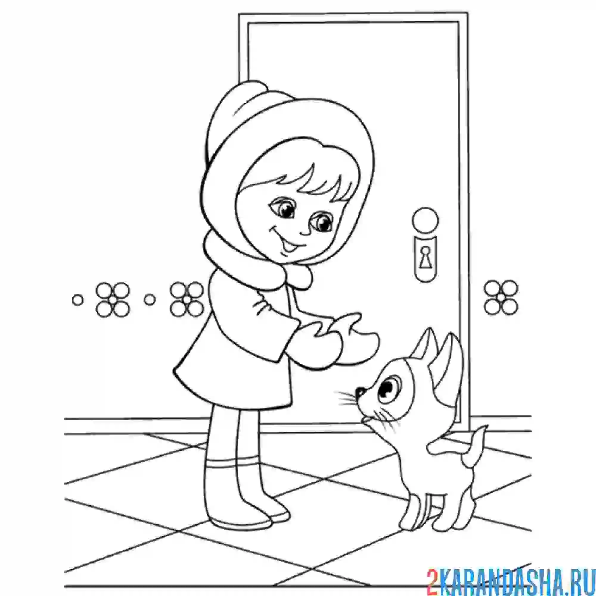 Раскраска котенок гав и девочка