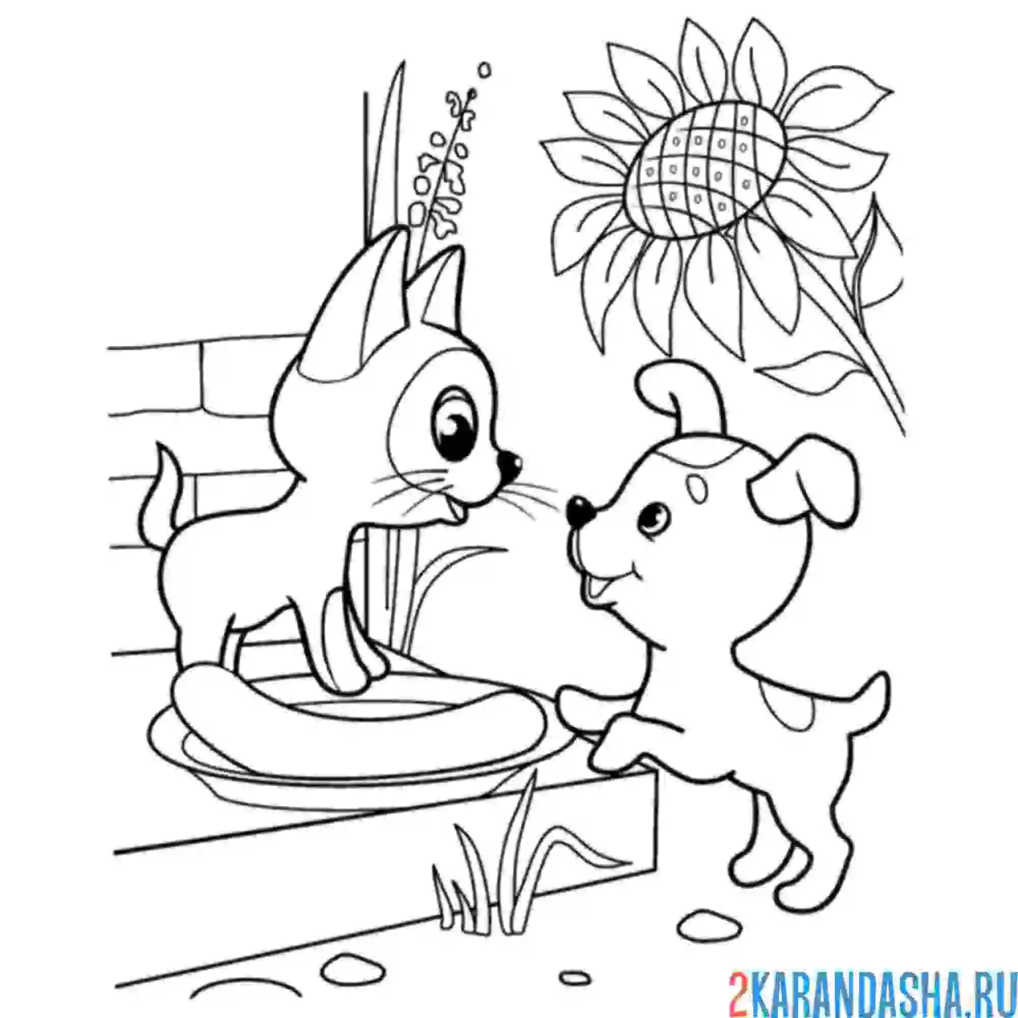 Раскраска щенок шарик и котенок гав