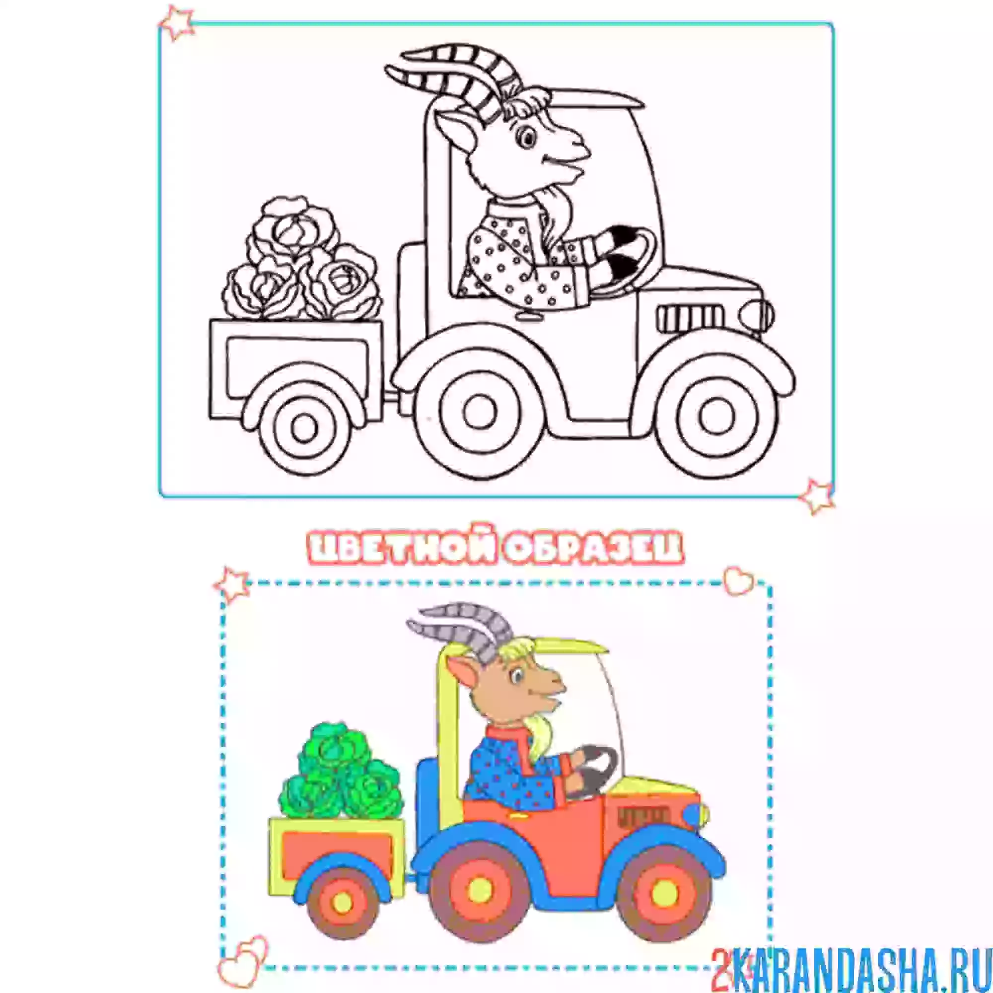 Раскраска с цветным образцом козел