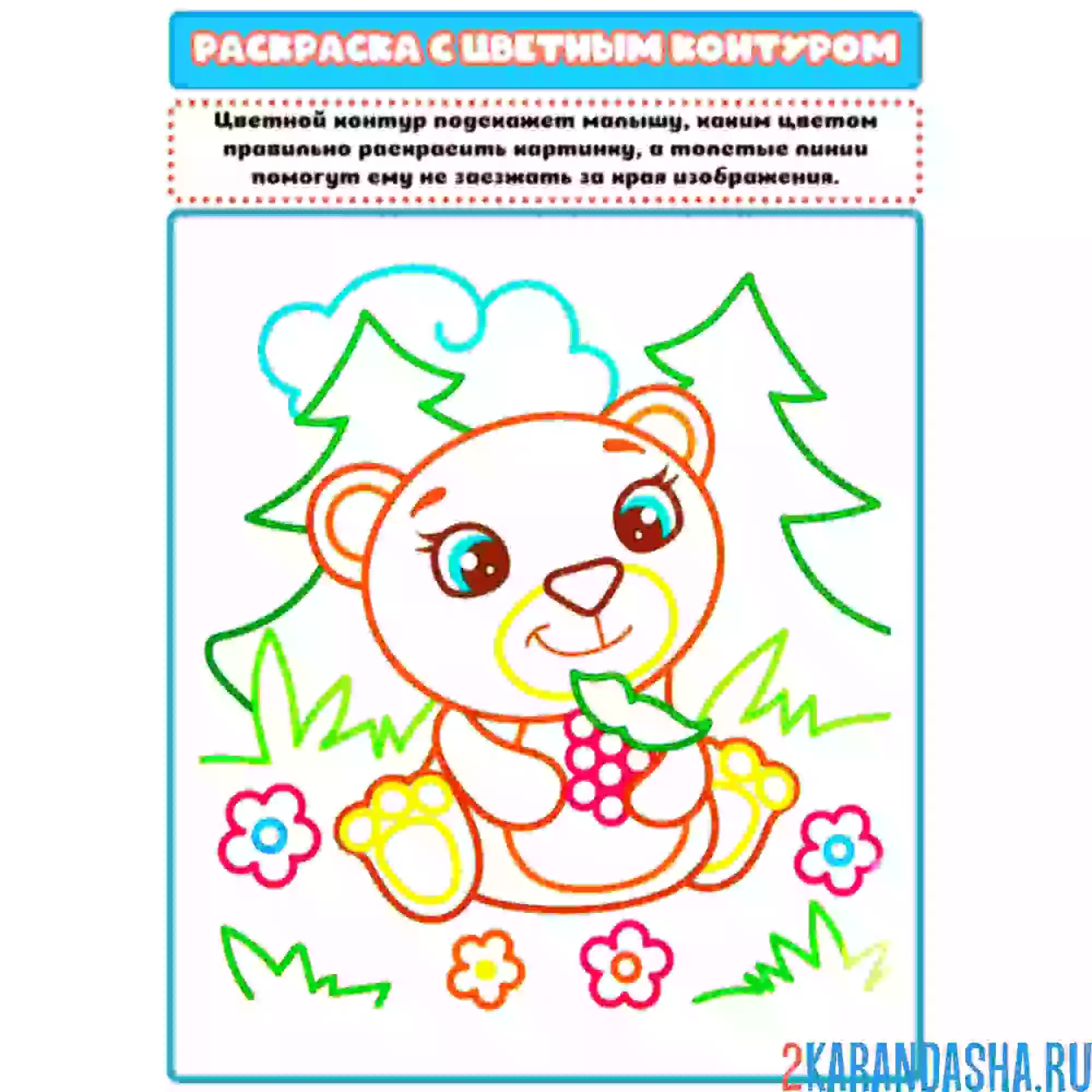 Раскраска с цветным контуром мишка в лесу