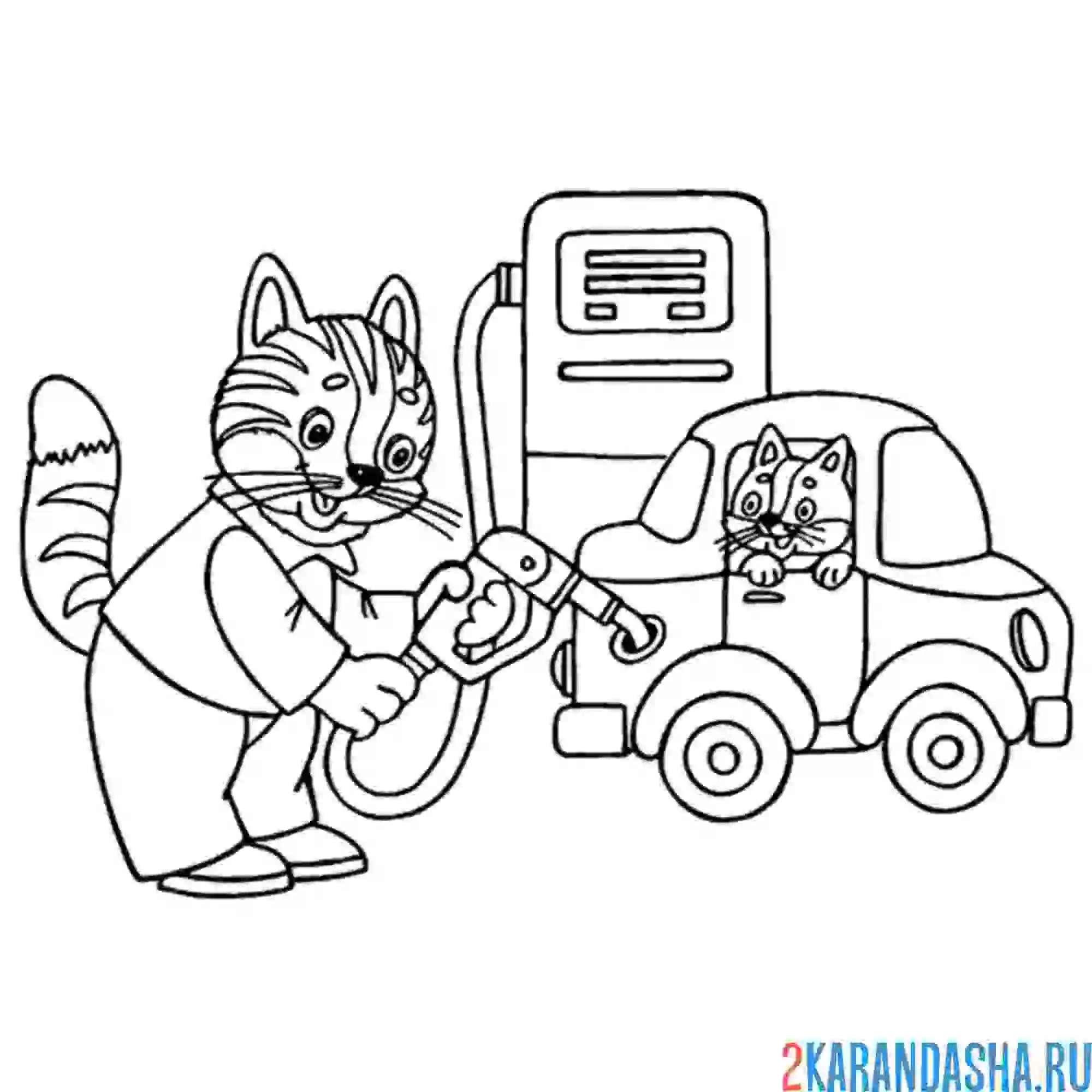 Раскраска котик заправляет машину