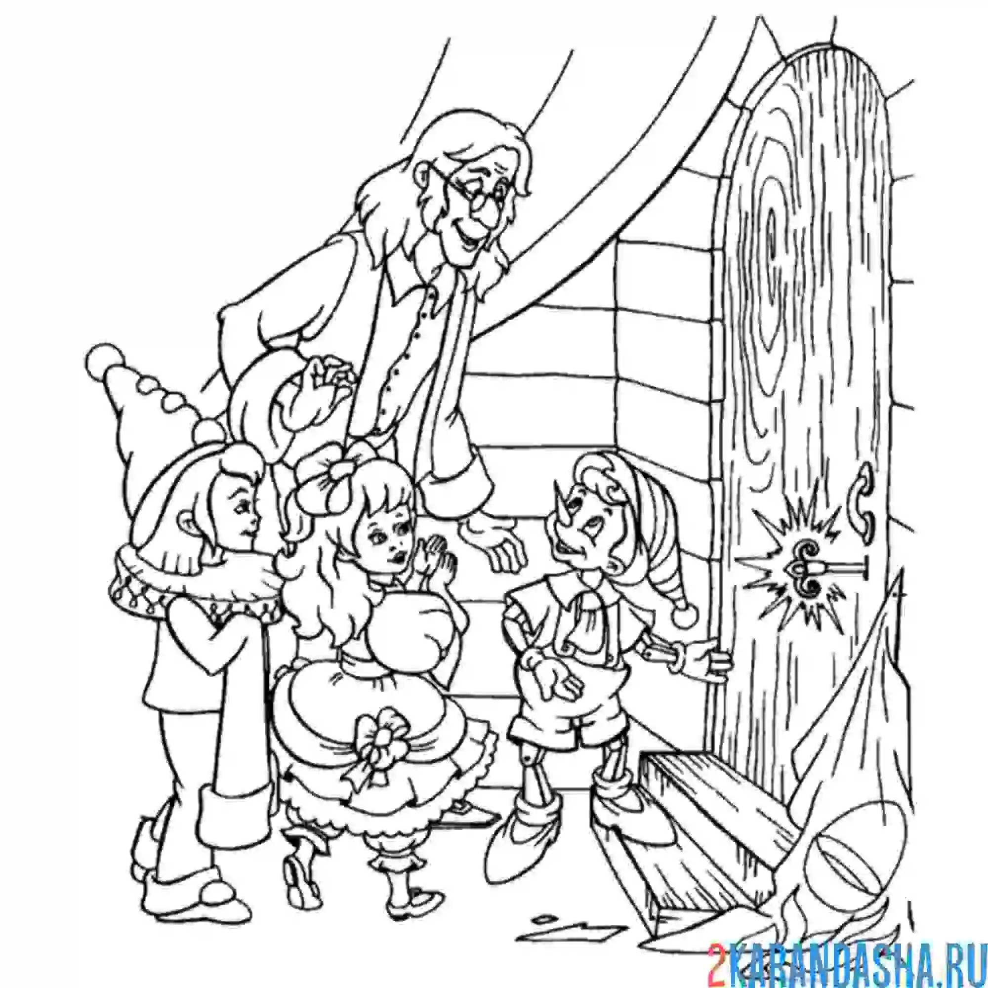 Раскраска буратино вставил ключ