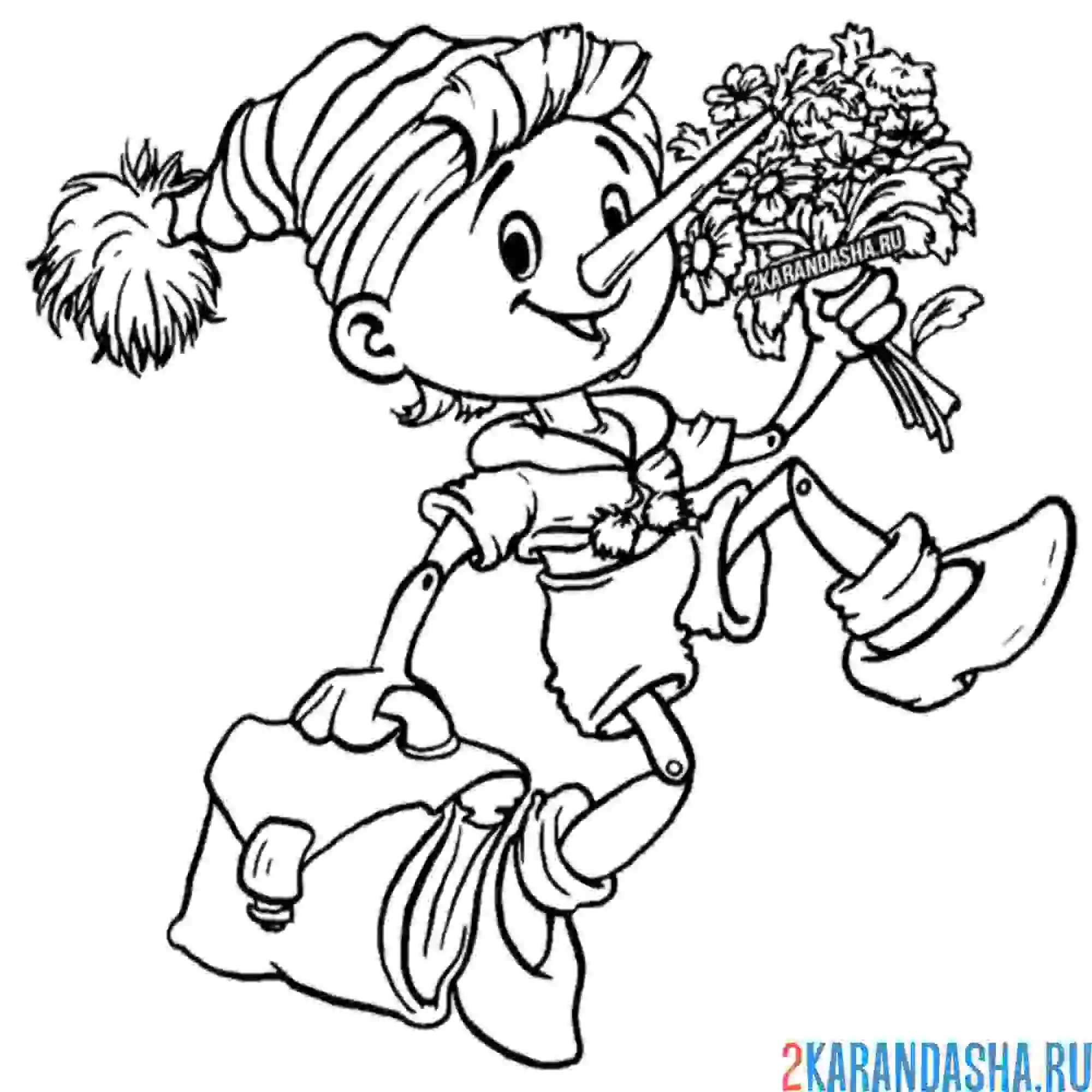 Раскраска буратино с цветами