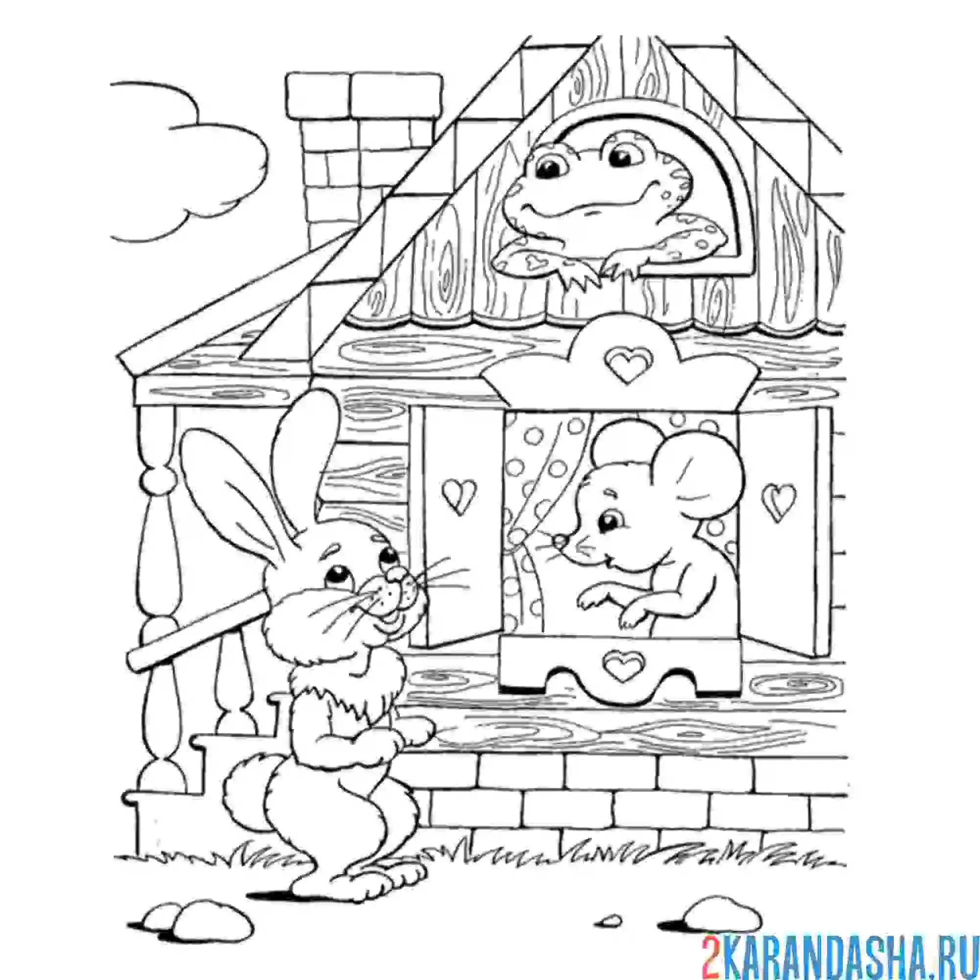 Раскраска зайчик в теремок