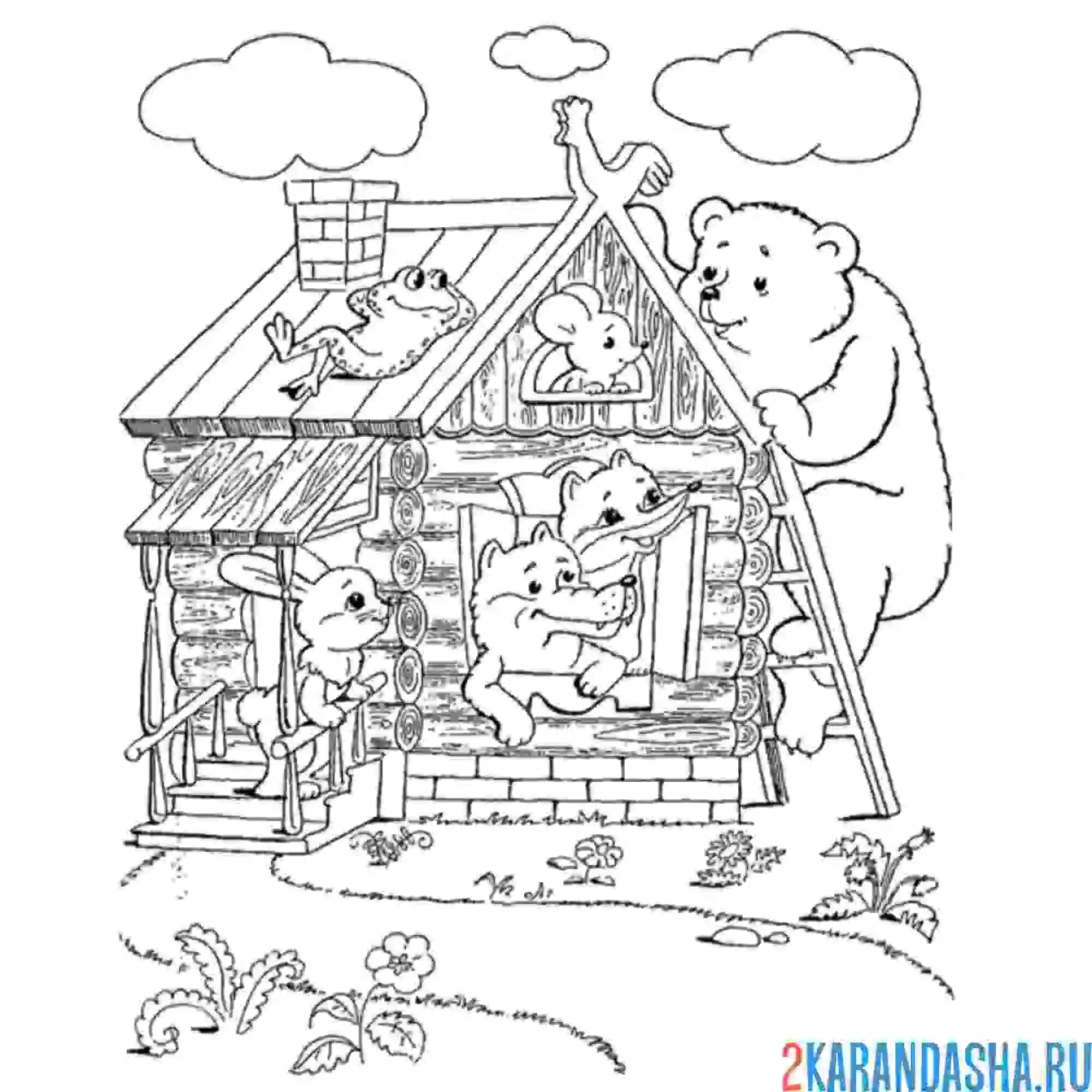 Раскраска медведь полез на теремок