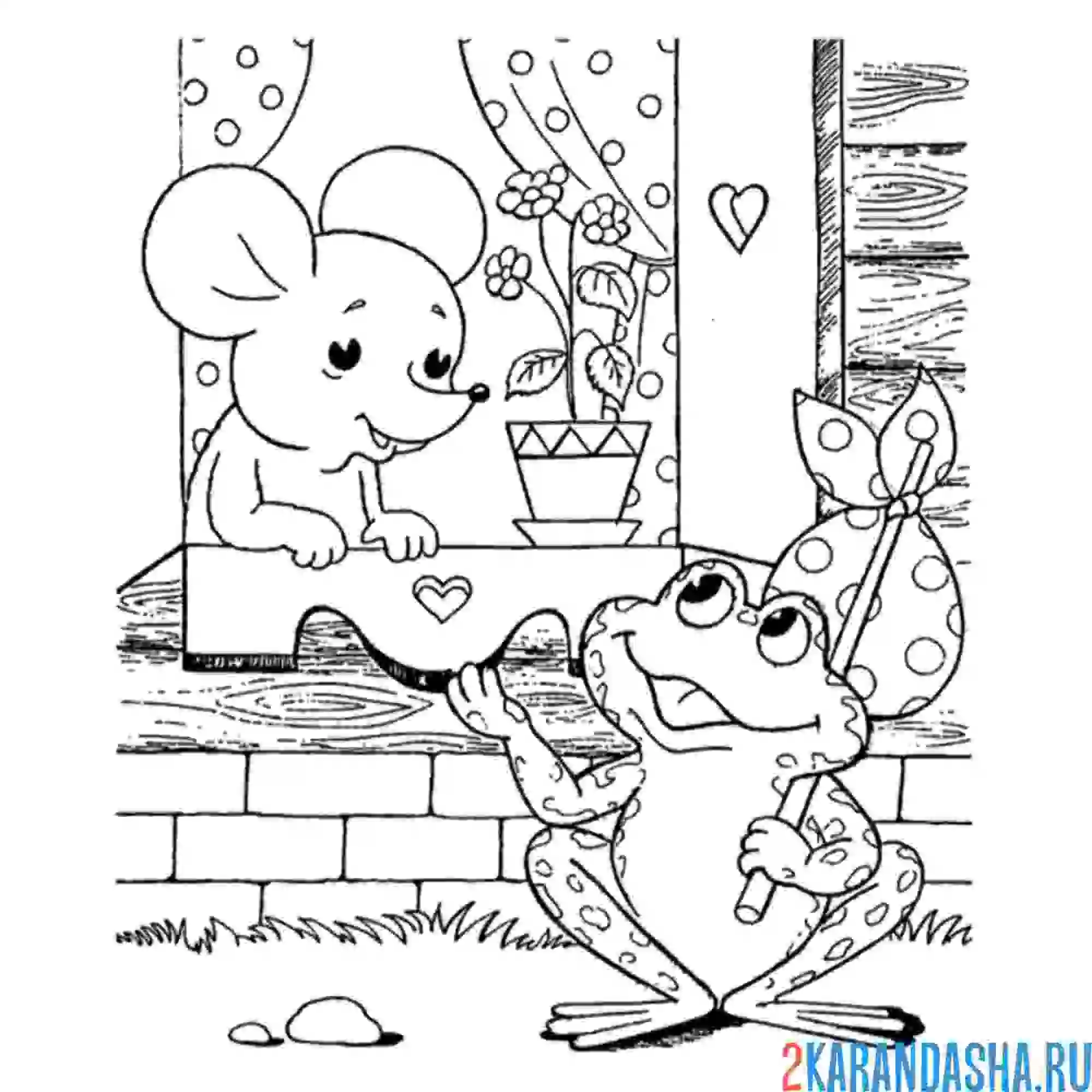 Раскраска лягушка и мышка теремок