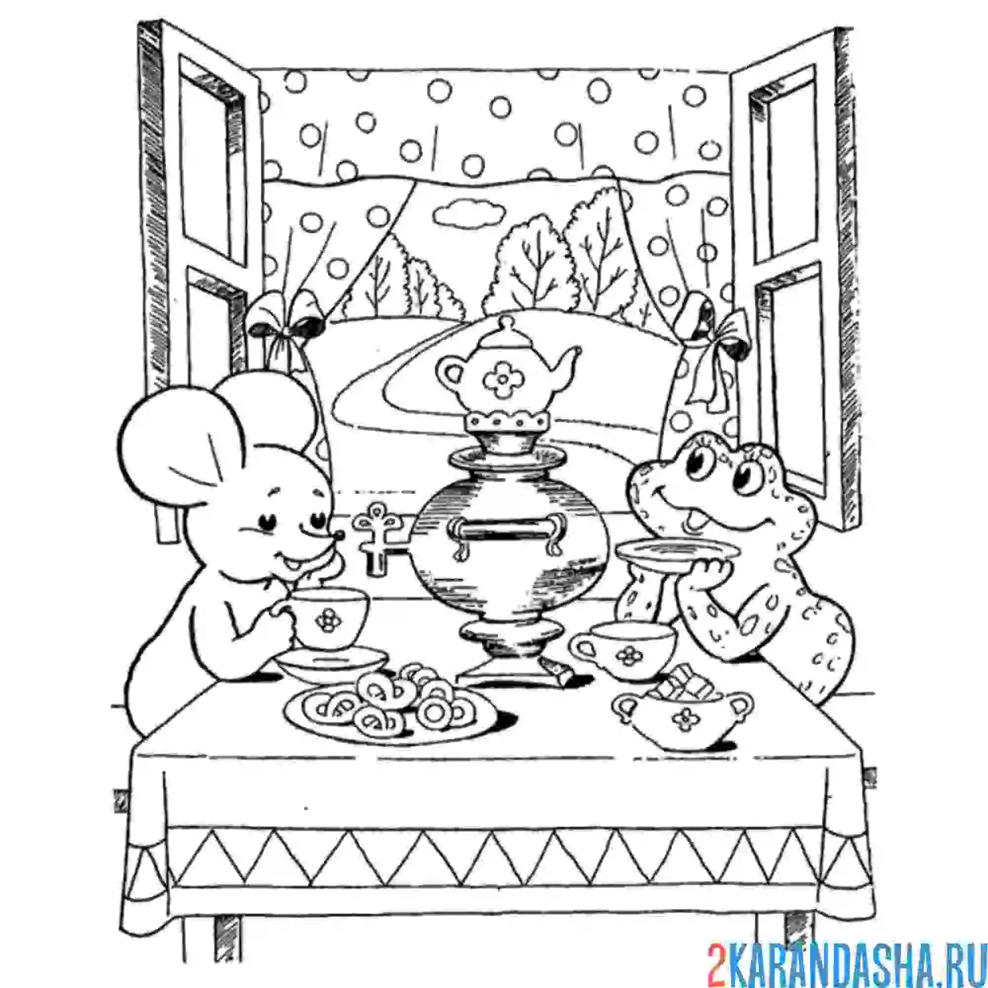 Раскраска чаепитие в теремке