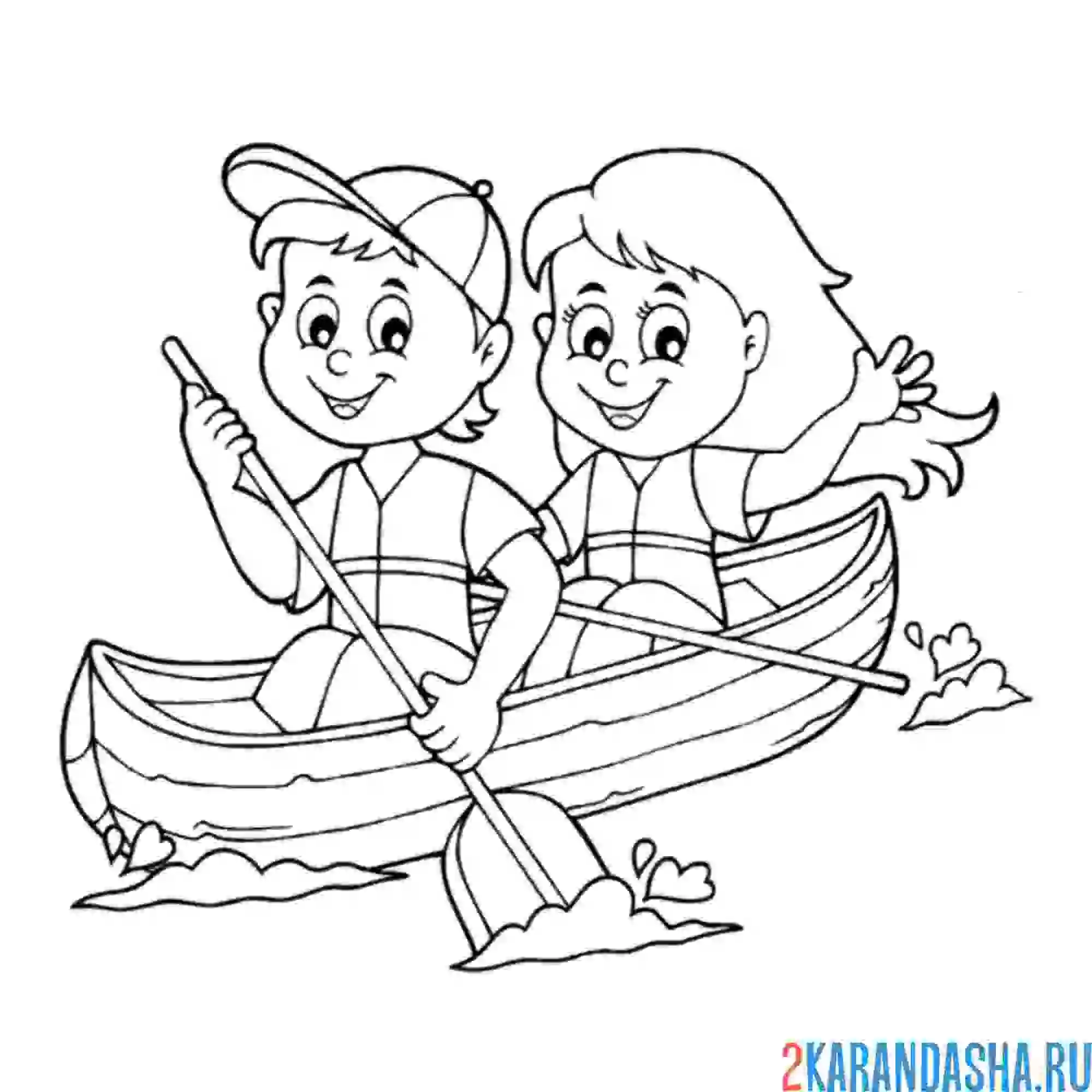 Раскраска мальчик и девочка в лодке