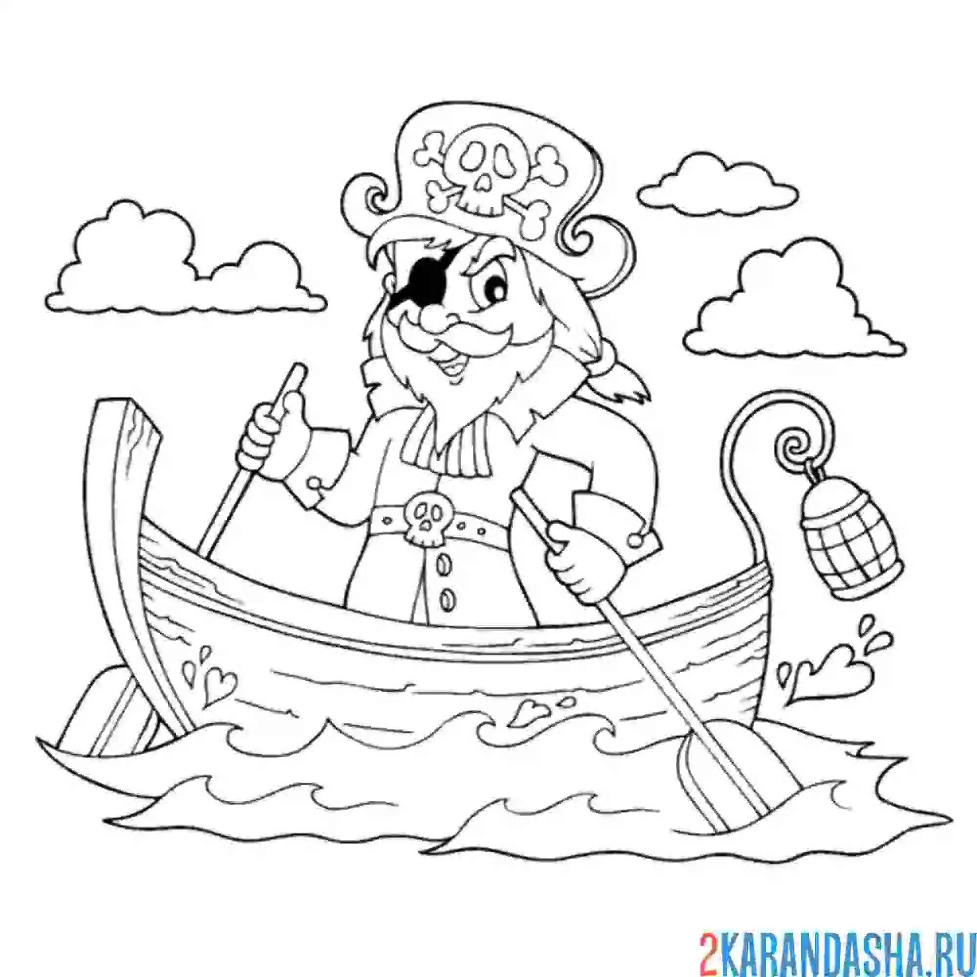 Раскраска пират на маленьком корабле