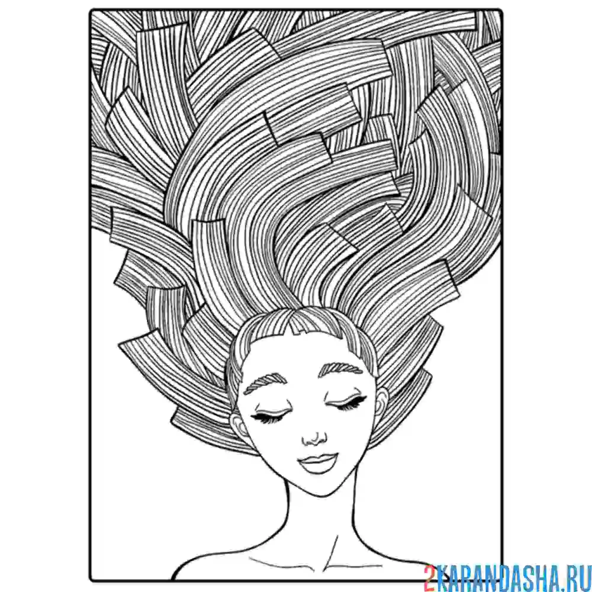 Раскраска девушка арт-терапия волосы