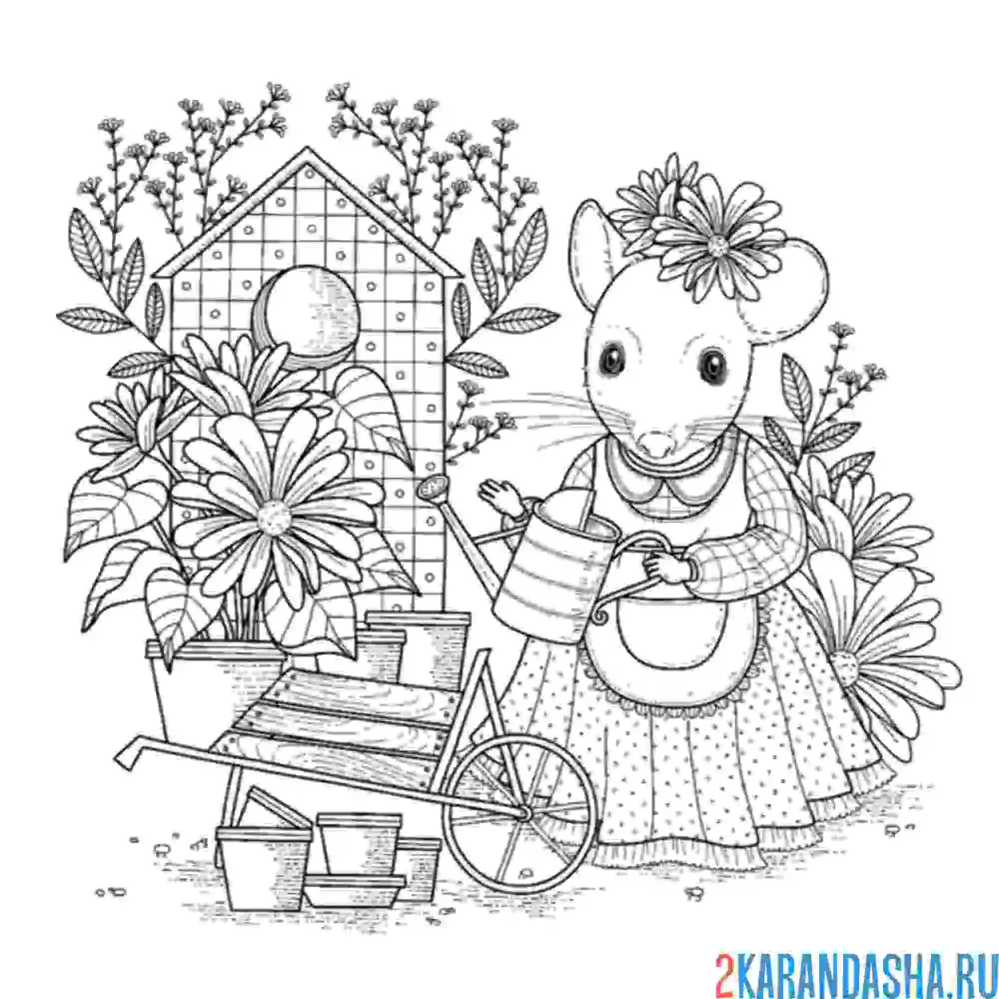 Раскраска мышка и домик