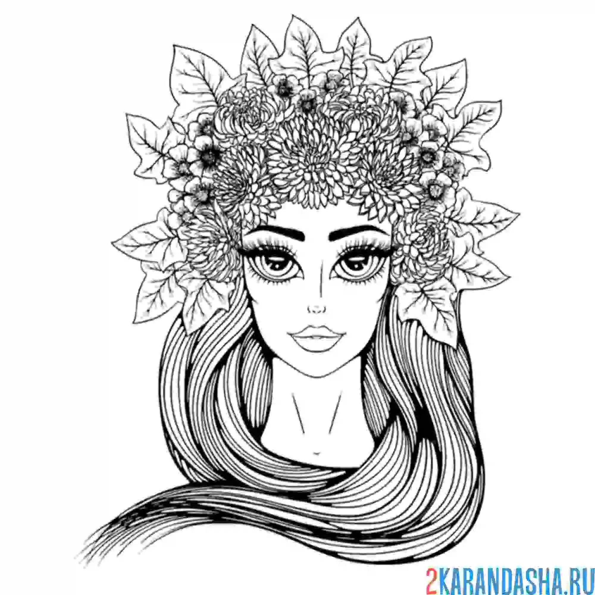 Раскраска девушка с цветами арт-терапия