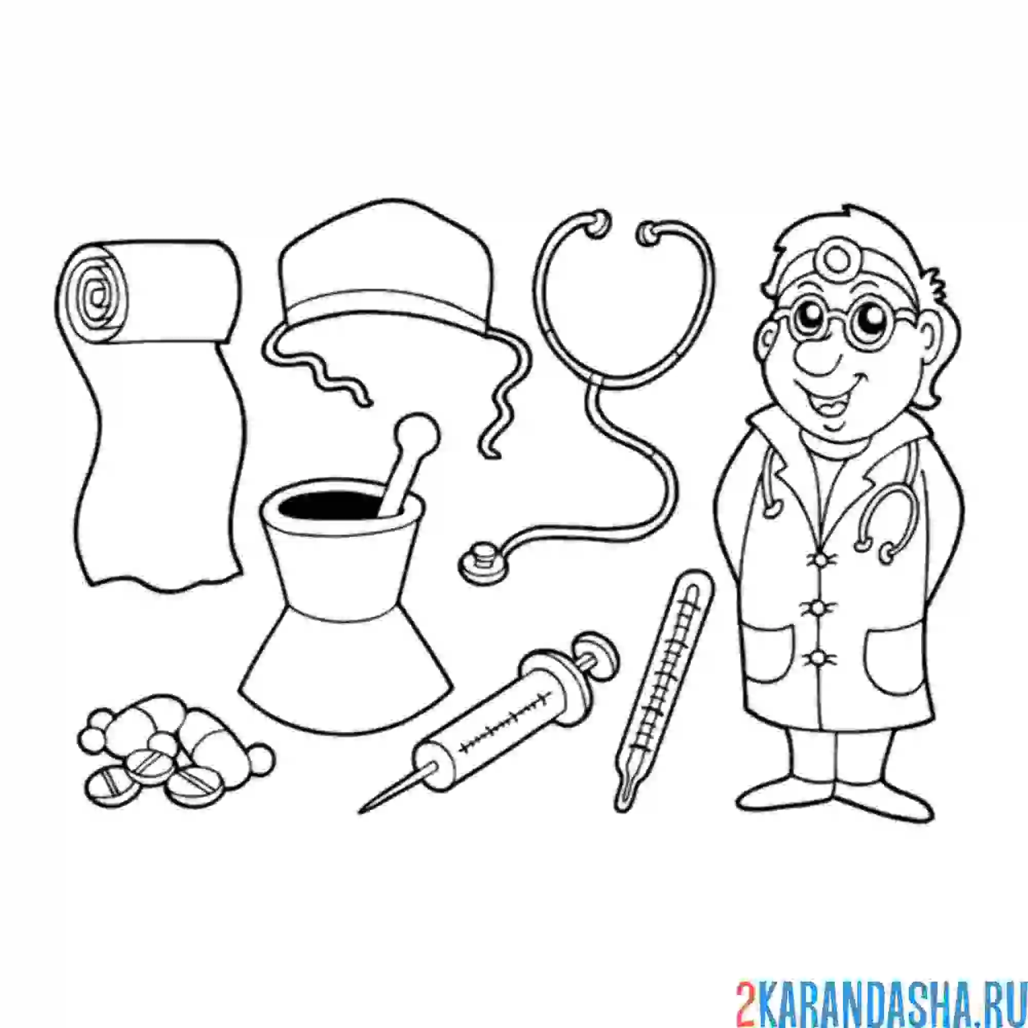 Раскраска доктор и врачебные инструменты