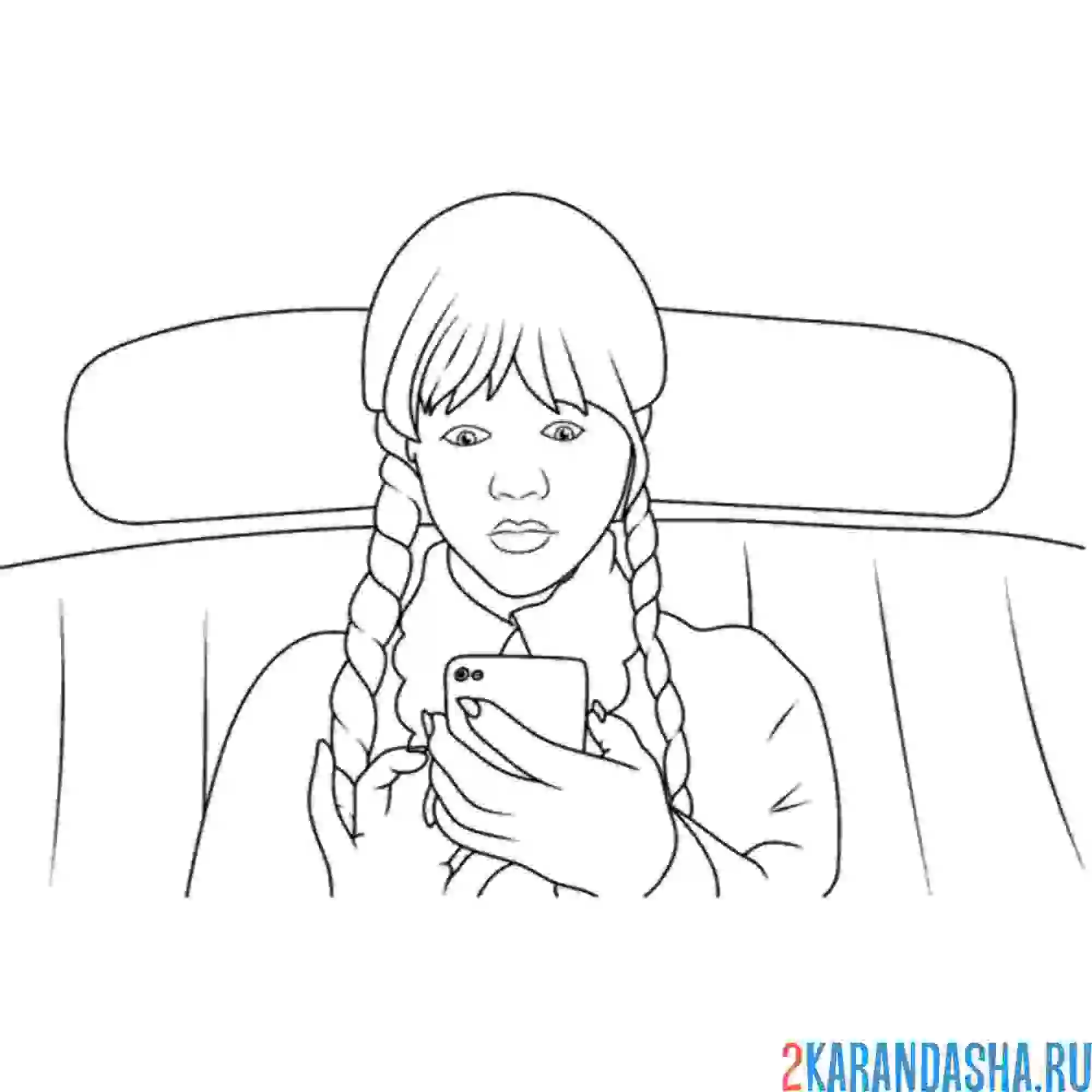 Раскраска уэнздей аддамс в машине