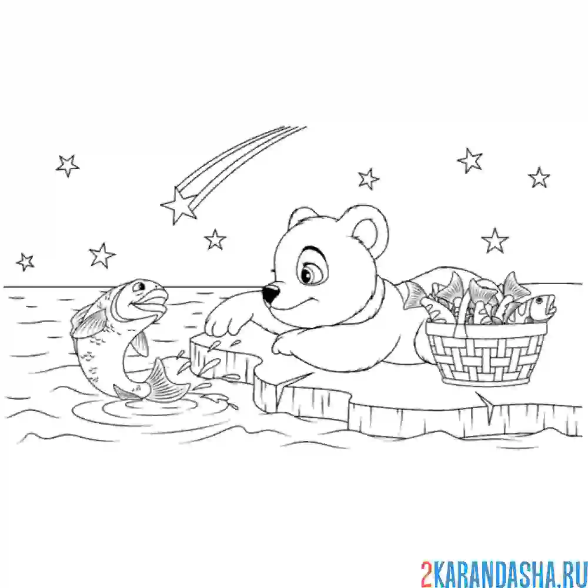 Раскраска мишка на рыбалке