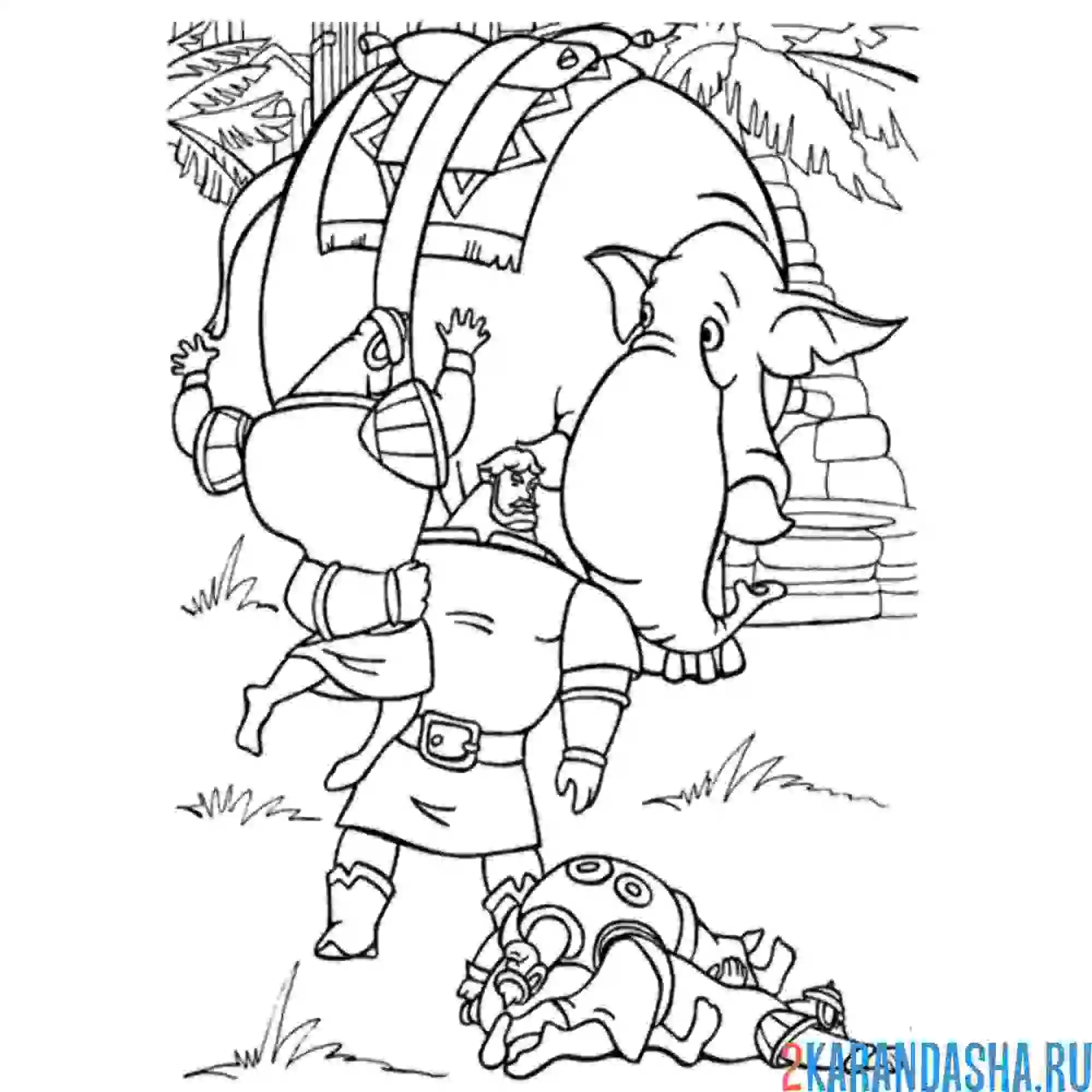 Раскраска илья муромец поднял слона