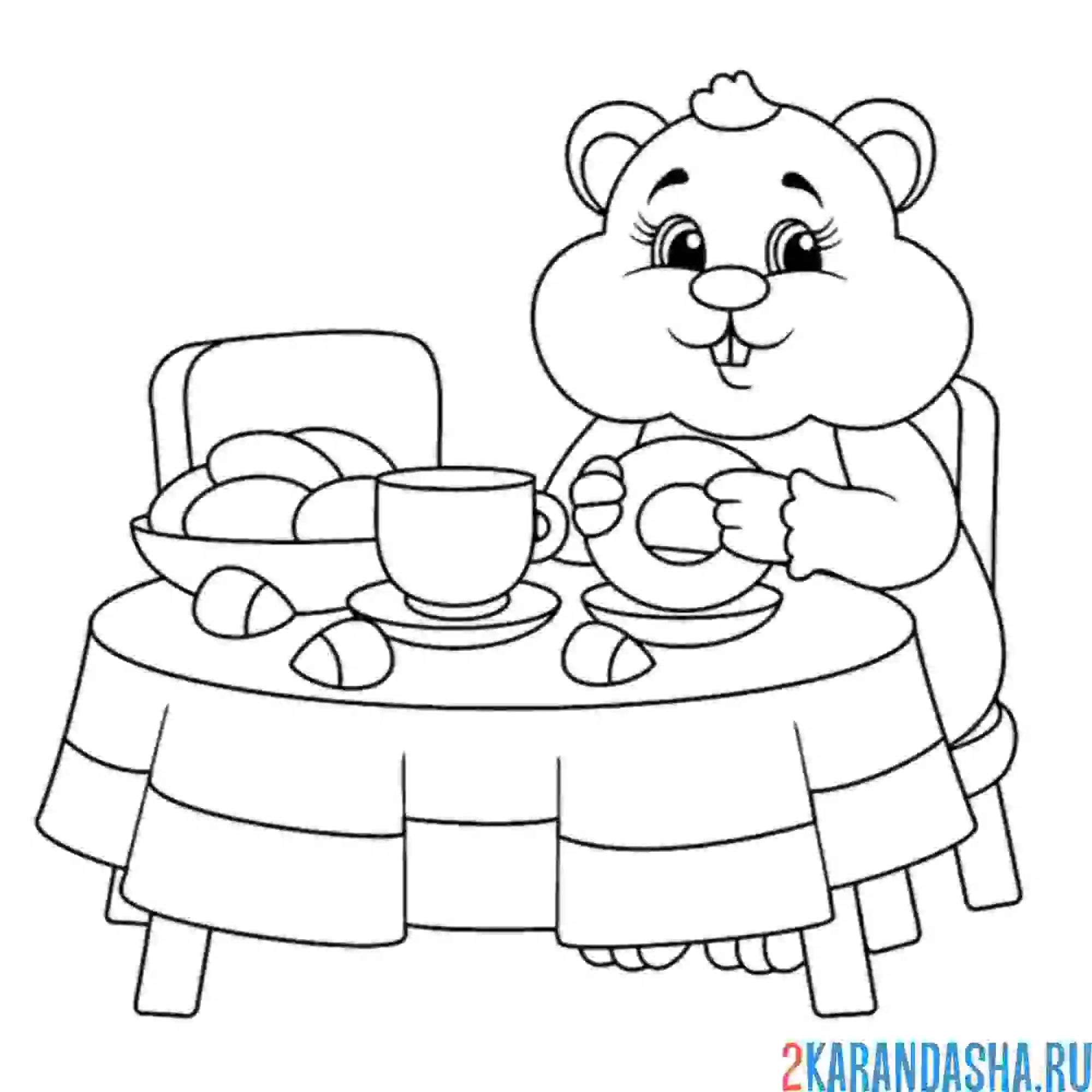 Раскраска хомяк за столом