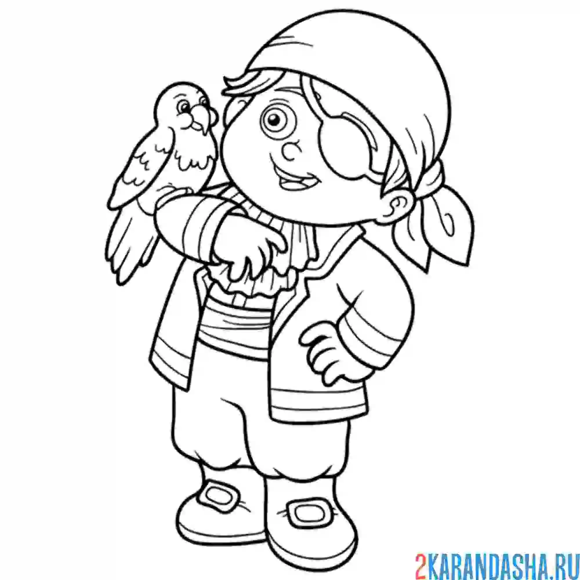 Раскраска мальчик пират с попугаем