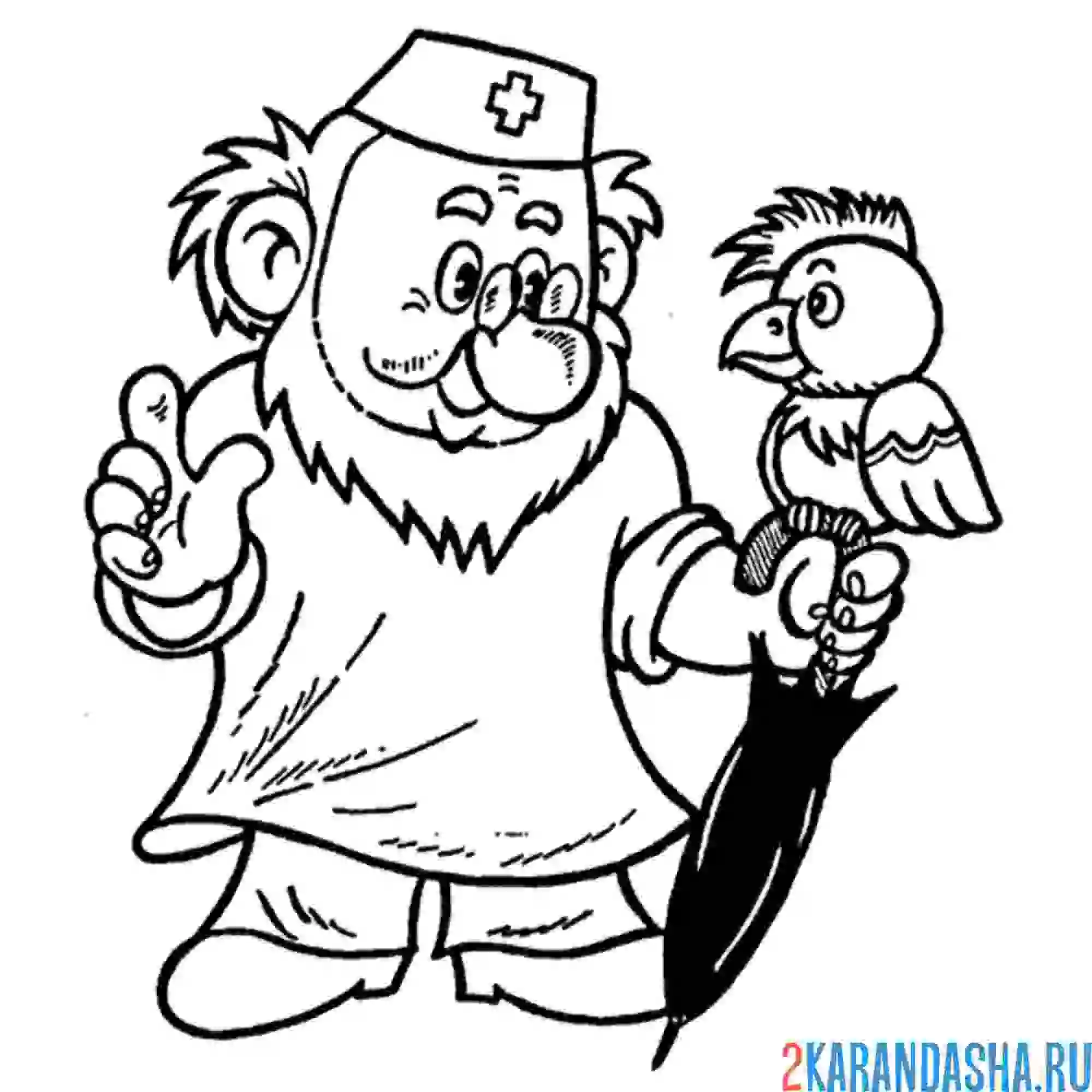 Раскраска айболит с попугаем