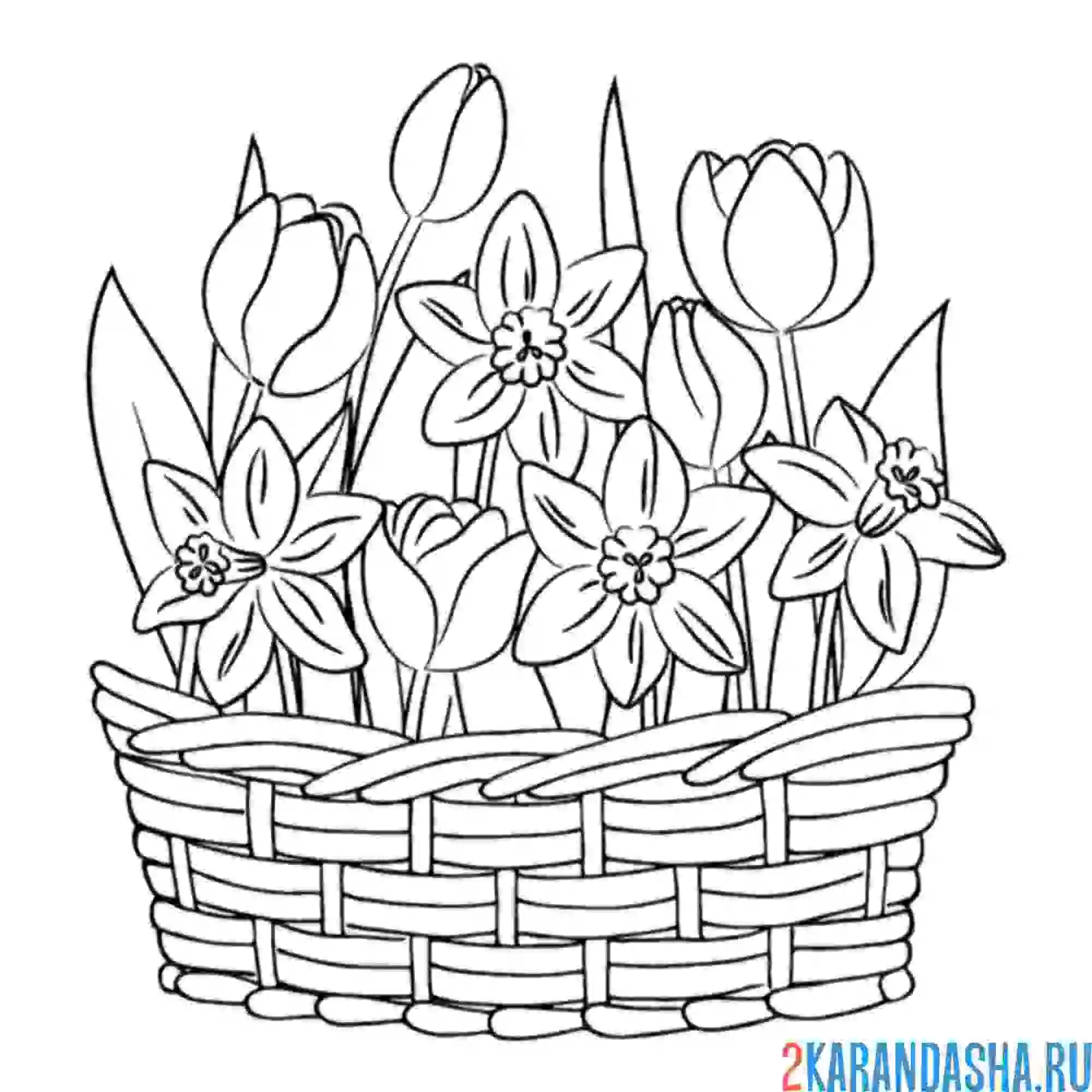Раскраска корзинка с весенними цветами