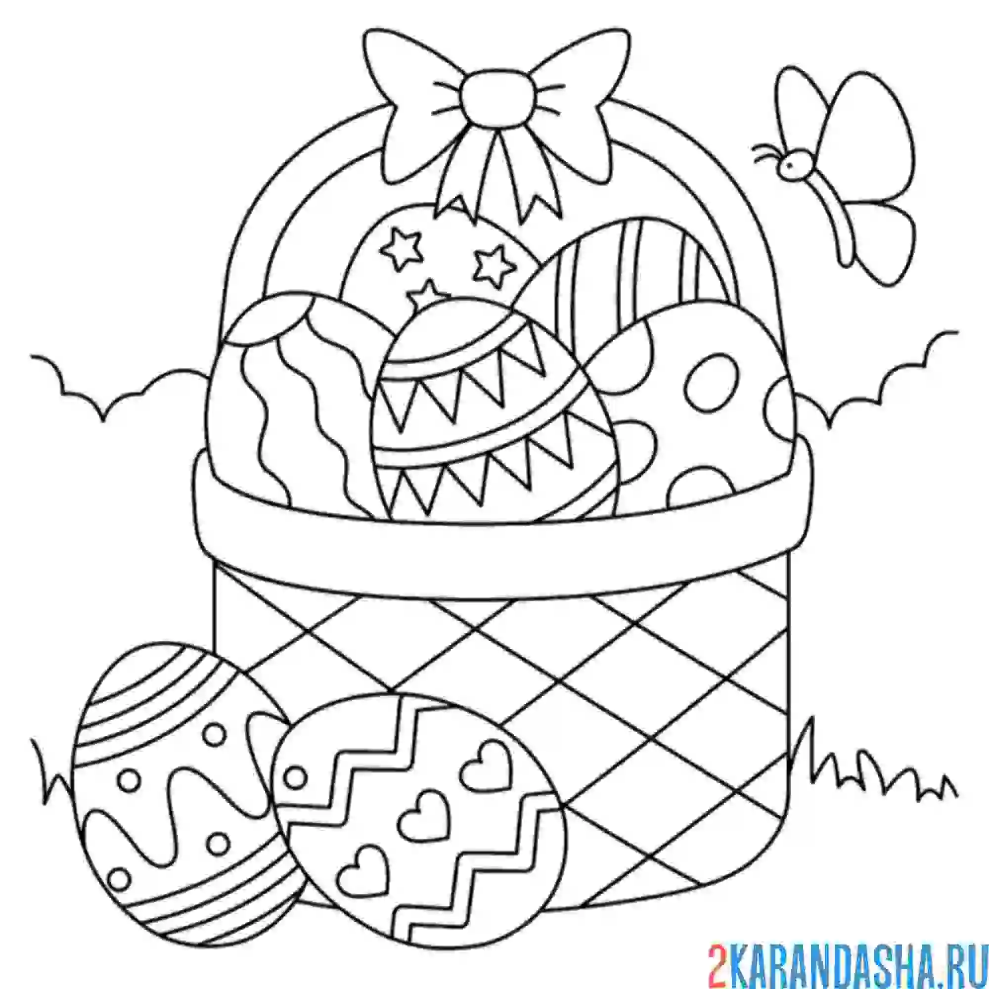 Раскраска полная корзинка яиц пасха