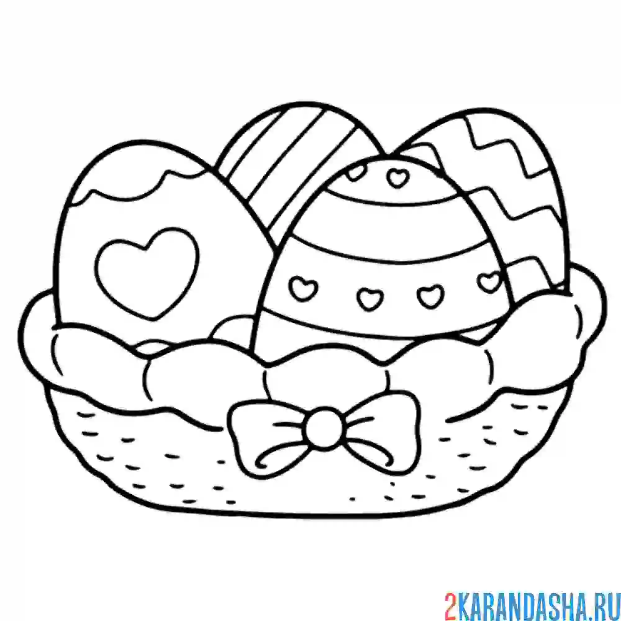 Раскраска яички в корзинке с бантиком