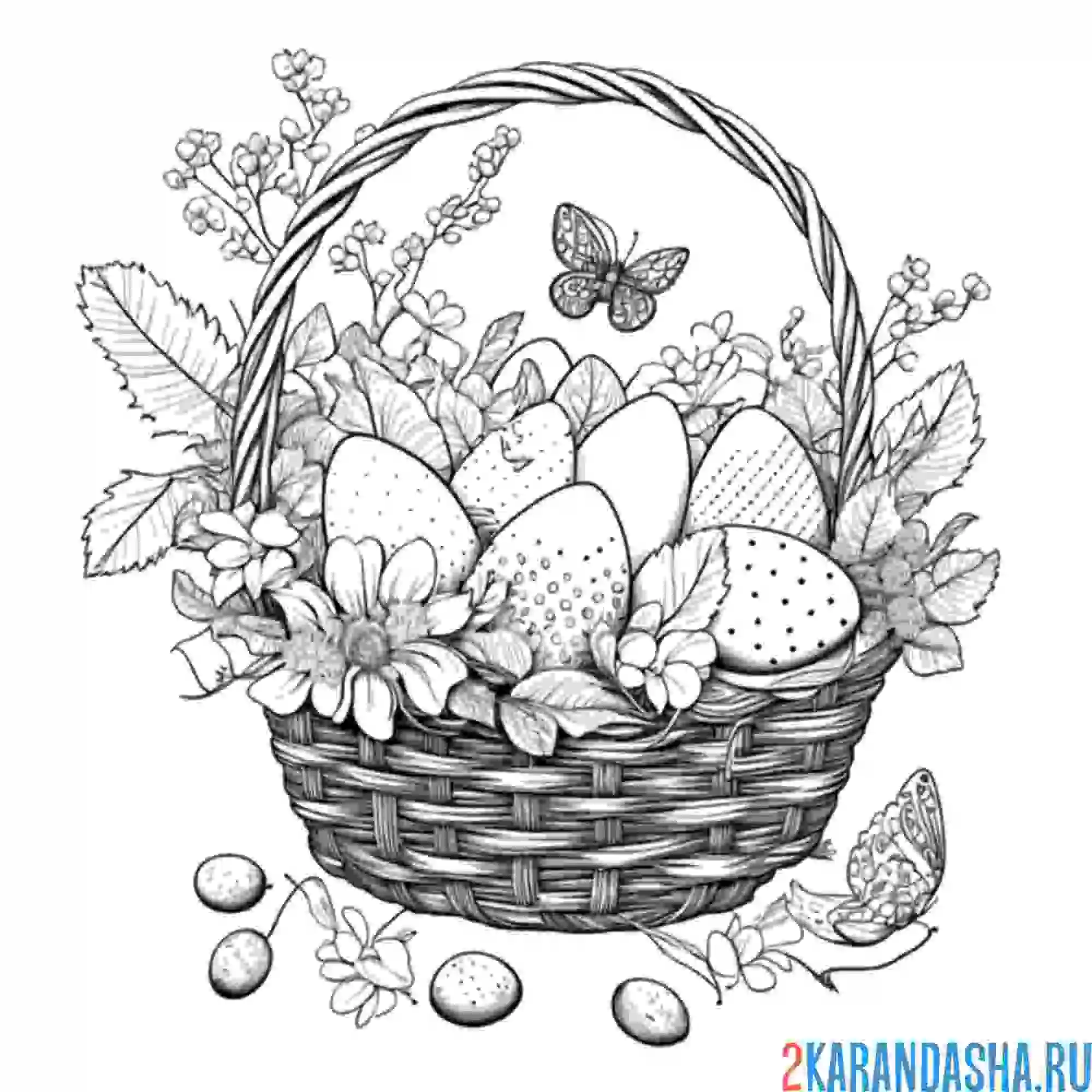 Раскраска цветы, яйца в корзинке