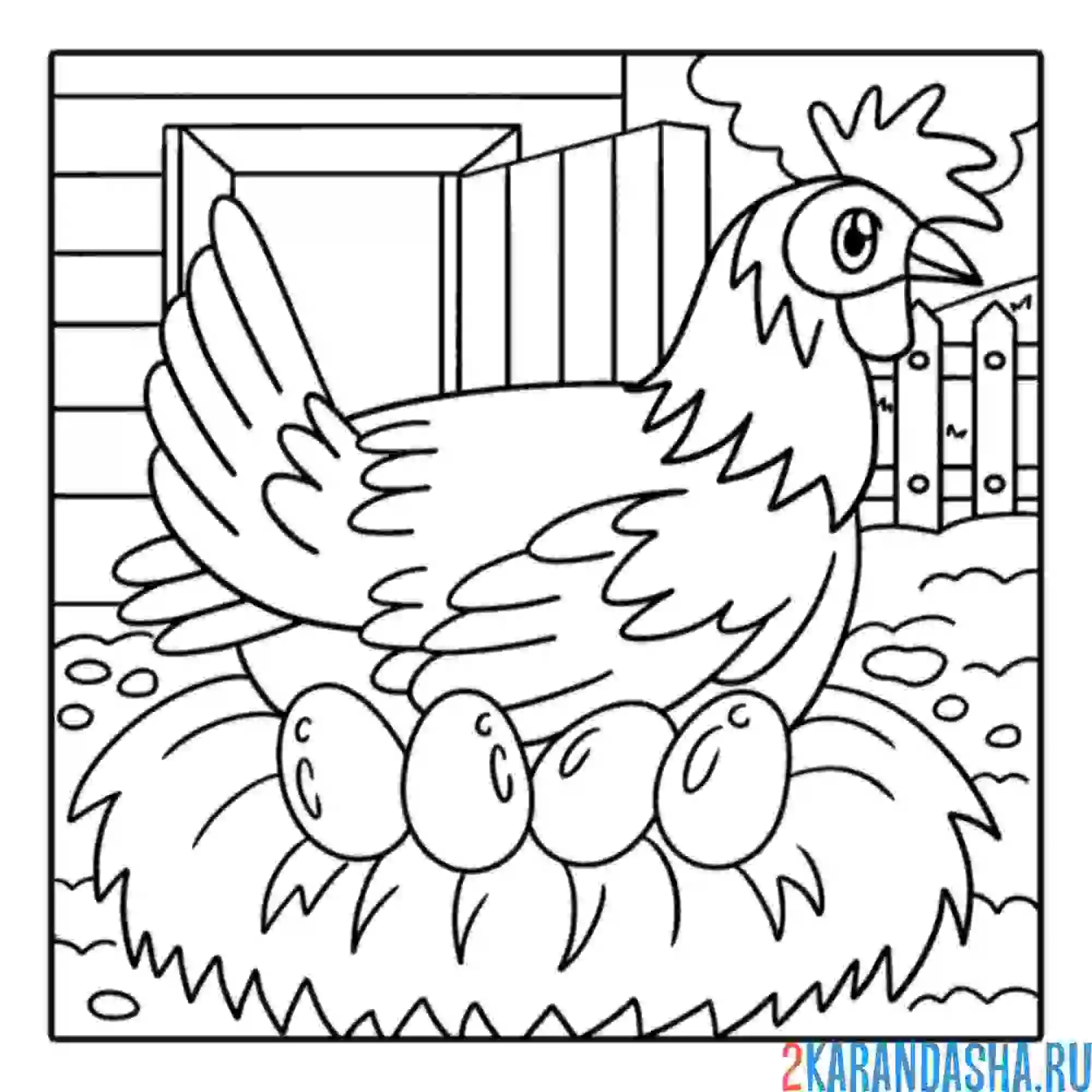 Раскраска курица с яичками на сене