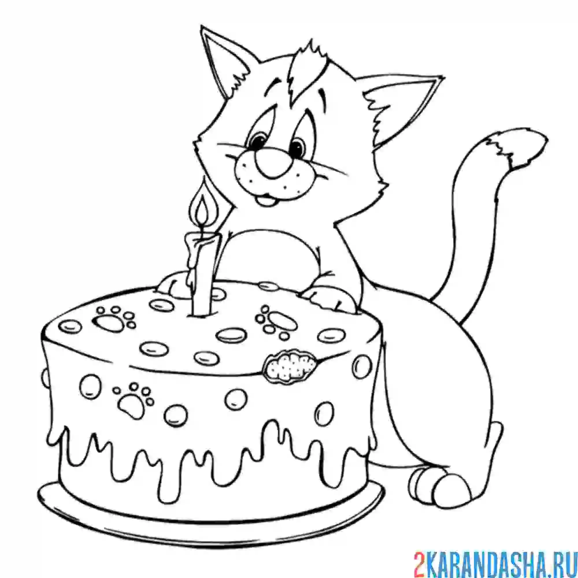Раскраска котик ест торт