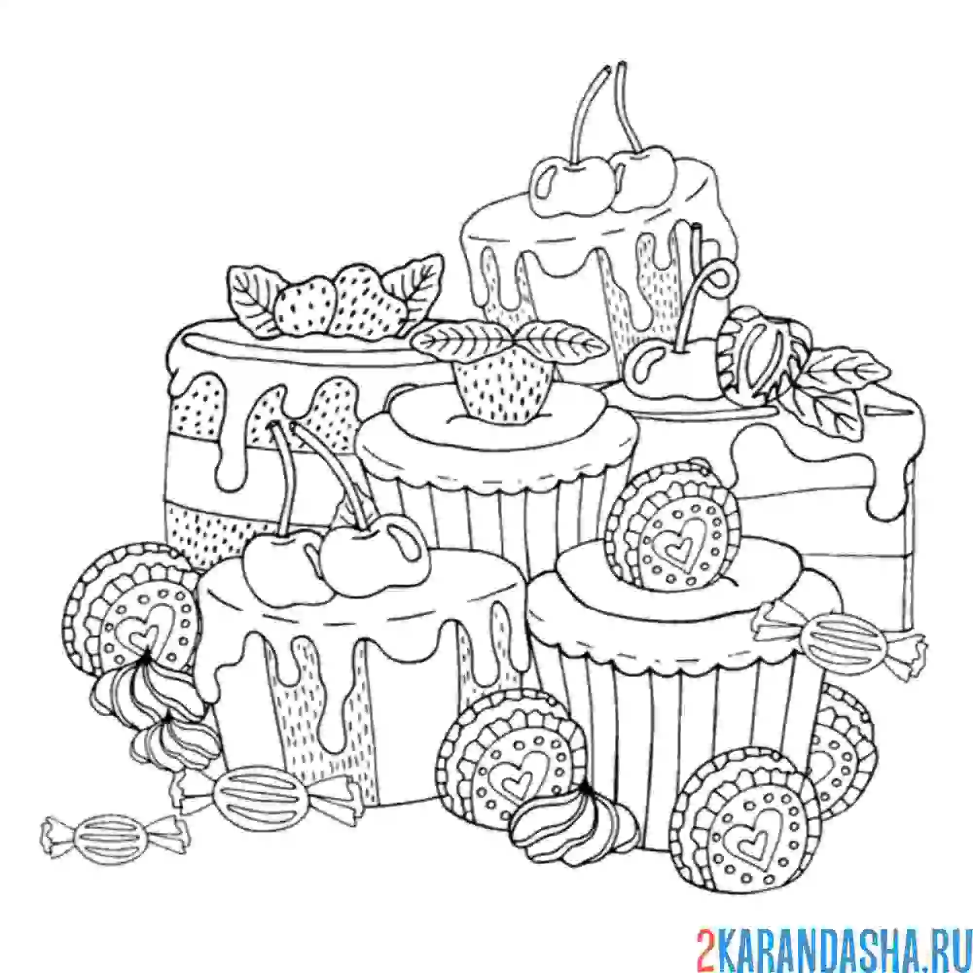 Раскраска сладкие кексы и торт