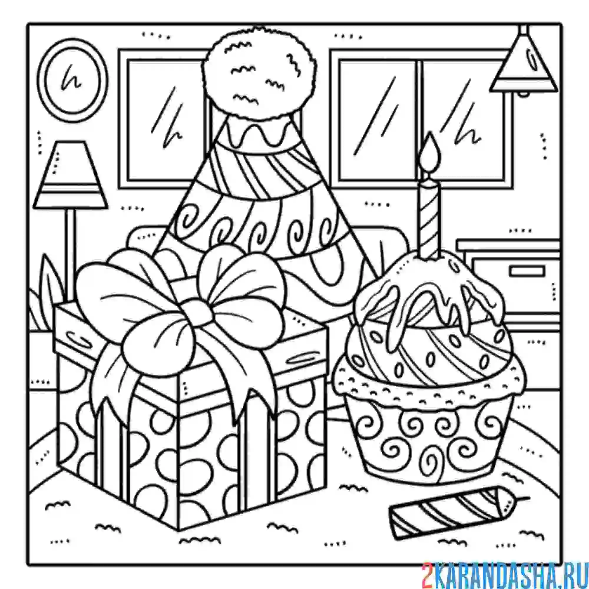 Раскраска торт с подарками